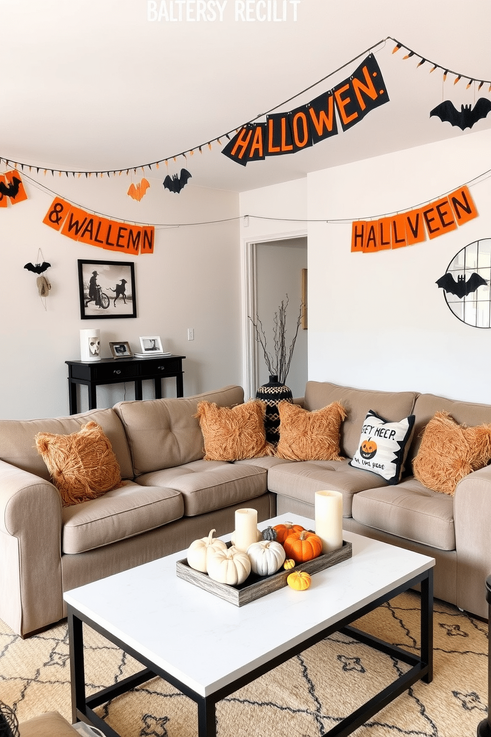 A cozy apartment living room decorated for Halloween. Felt banners with playful Halloween phrases hang from the ceiling, adding a festive touch to the space. The furniture is arranged for comfort, featuring a plush sofa adorned with seasonal throw pillows. A coffee table is topped with small pumpkins and candles, creating a warm and inviting atmosphere.