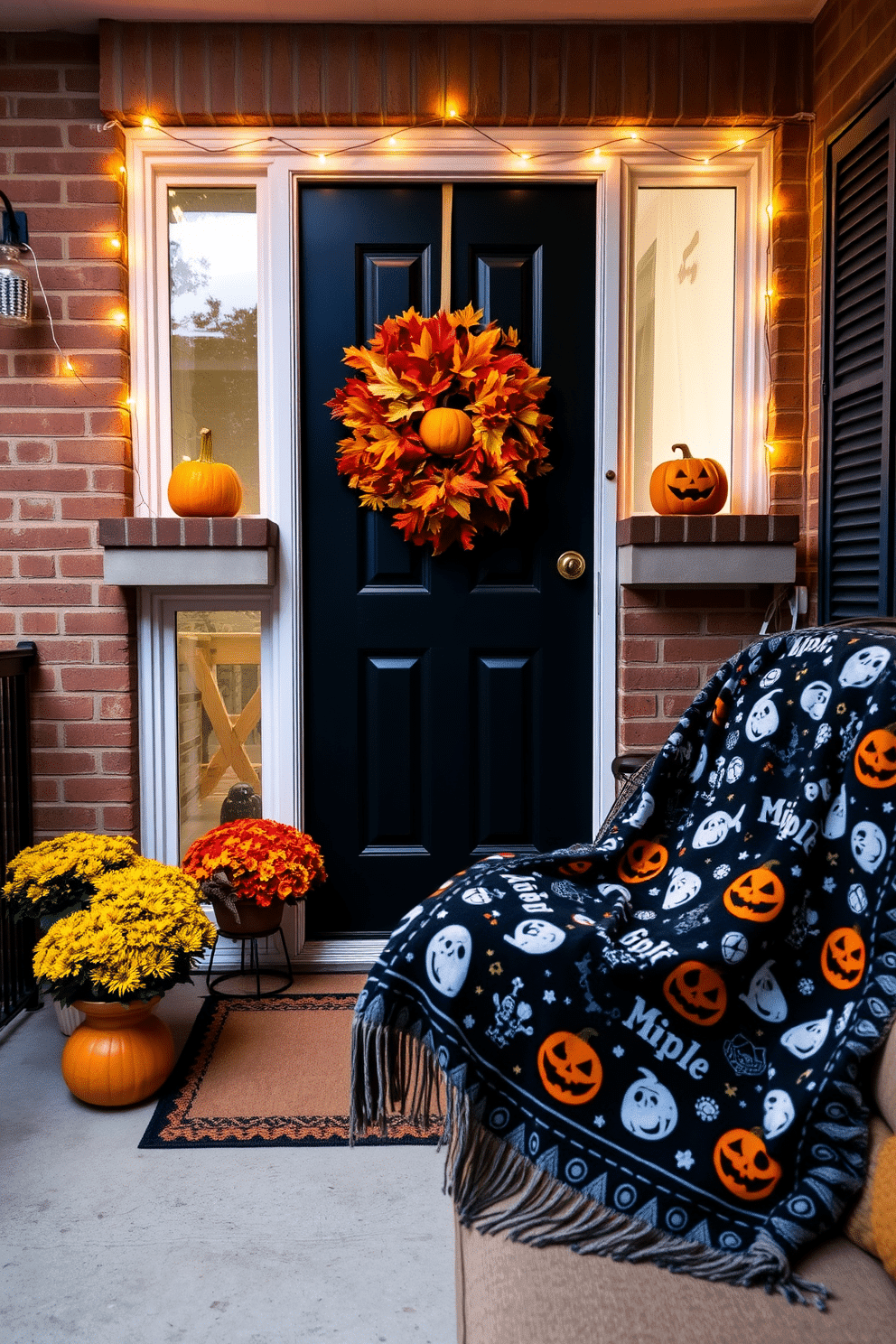 A seasonal wreath made of vibrant autumn leaves and pumpkins adorns the front door, welcoming guests with a touch of fall charm. Flanking the door, small potted mums add splashes of color, enhancing the inviting atmosphere. For Halloween, the apartment is decorated with playful elements like ghostly string lights and carved pumpkins placed on the windowsills. A cozy throw blanket featuring spooky patterns drapes over the couch, creating a festive and inviting space for gathering.