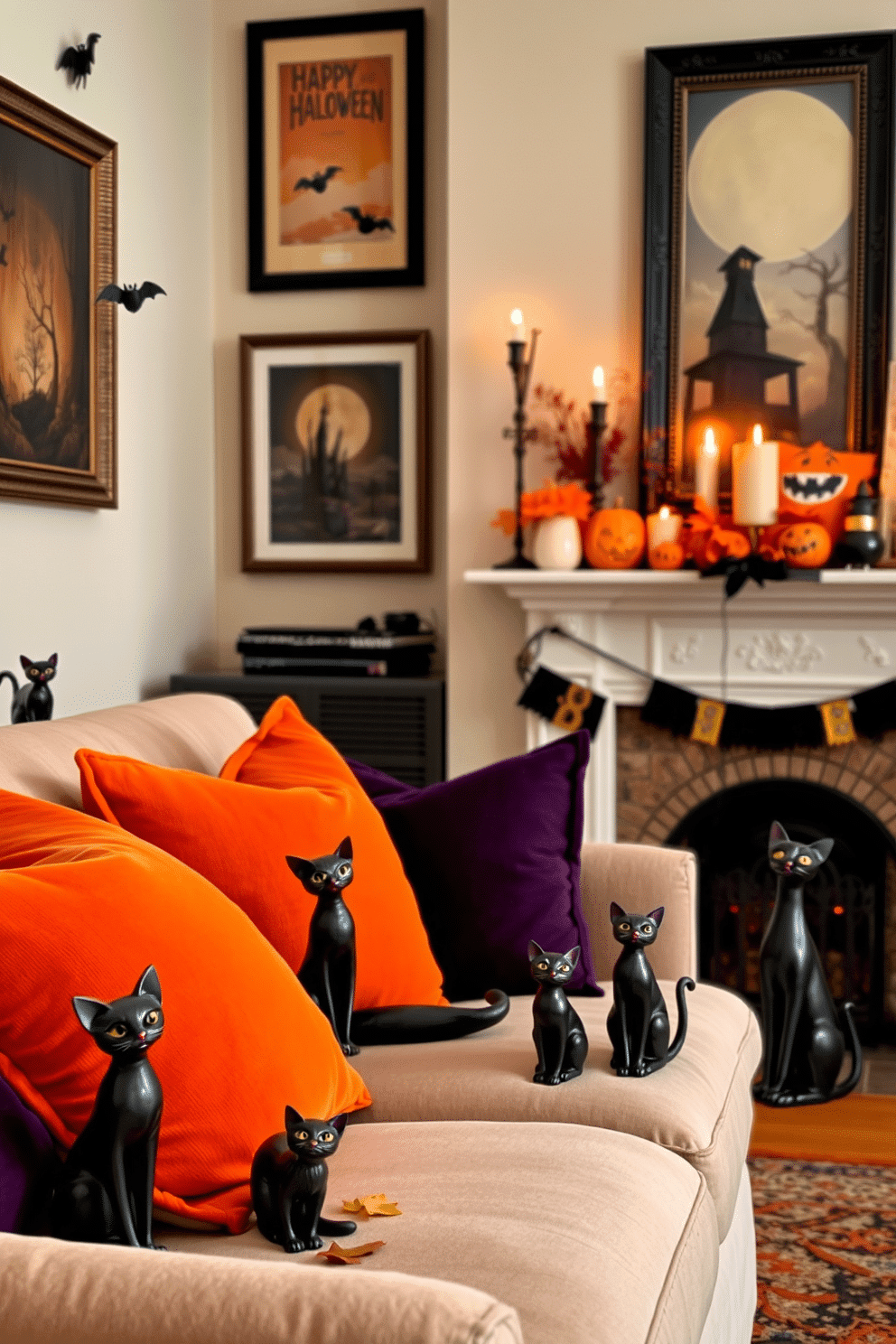 Charming black cat figurines are scattered throughout the apartment, adding a whimsical touch to the Halloween decor. Each figurine is uniquely designed, showcasing playful poses and expressions that enhance the festive atmosphere. The living room features a cozy arrangement with orange and purple throw pillows on a plush sofa. Spooky artwork adorns the walls, while a black cat figurine sits atop the mantel, surrounded by flickering candles and autumn leaves.