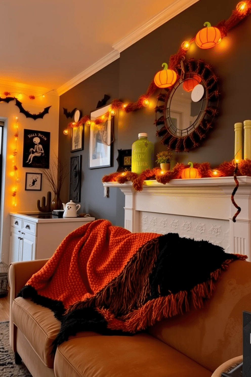 A cozy living room adorned for Halloween. String lights shaped like pumpkins drape across the mantelpiece, casting a warm glow over the space. The walls are decorated with spooky artwork and playful garlands. A plush orange and black throw blanket is casually draped over the sofa, inviting comfort and festivity.