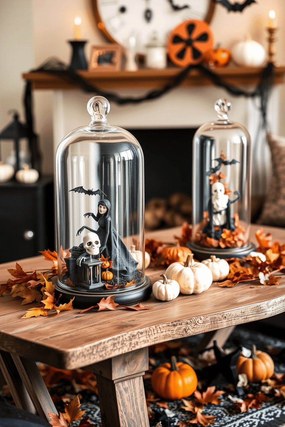 Create a cozy Halloween-themed apartment setting featuring glass cloches filled with spooky decor. Arrange the cloches on a rustic wooden table surrounded by autumn leaves and small pumpkins for a festive touch.