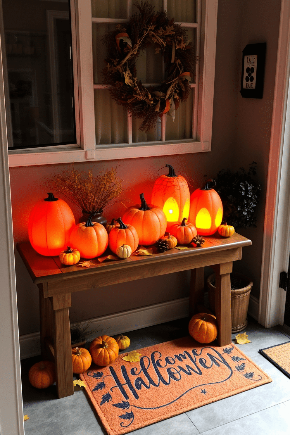 A cozy entryway features a rustic wooden table adorned with several glowing pumpkin lanterns of varying sizes. The warm orange light casts playful shadows, creating an inviting atmosphere for Halloween festivities. Surrounding the lanterns are autumn-themed decorations, including small gourds and colorful leaves. A welcoming doormat with a festive design completes the Halloween apartment decorating ideas, enhancing the seasonal charm.