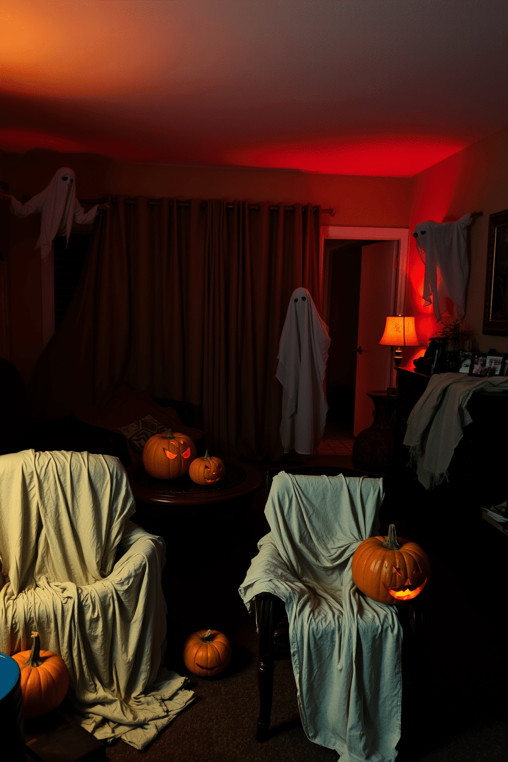 A spooky Halloween atmosphere fills the apartment with creepy cloth draped over various pieces of furniture. The dim lighting casts eerie shadows, enhancing the haunting vibe throughout the space. Ghostly figures emerge from the corners as tattered fabric hangs from chairs and tables. Pumpkins with sinister grins are scattered around, adding a playful yet chilling touch to the decor.