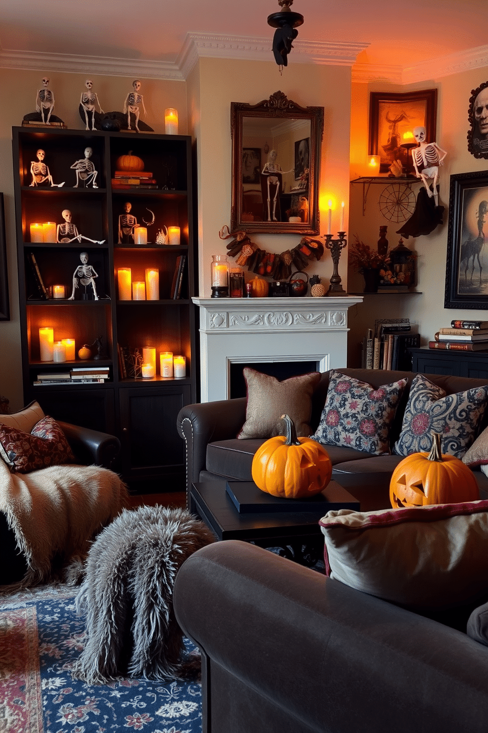 A cozy apartment living room decorated for Halloween. The bookshelves are filled with vintage skeletons, surrounded by autumn-themed decor and flickering candlelight. The walls are adorned with spooky artwork and the furniture features rich, dark colors. A plush throw blanket and decorative pillows add warmth, while a carved pumpkin sits on the coffee table.