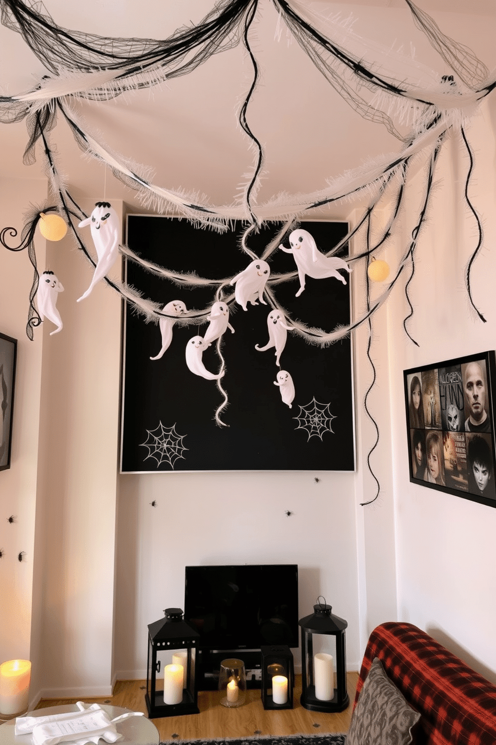 A whimsical Halloween apartment setting. Ghostly garlands hang from the ceilings, creating an enchanting atmosphere. The walls are adorned with playful spiderweb decals and spooky artwork. Flickering candlelight from strategically placed lanterns adds a warm glow to the space.