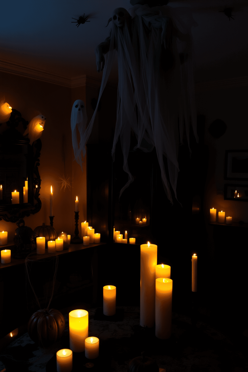 A dimly lit apartment features an array of creepy candles scattered throughout the space, their flickering lights casting eerie shadows on the walls. Cobwebs drape from the corners, and a few carved pumpkins sit on the table, adding to the Halloween ambiance. The living room is adorned with dark, moody decorations, including a vintage mirror with an ornate frame. Ghostly figures made of sheer fabric hang from the ceiling, creating an unsettling yet festive atmosphere.