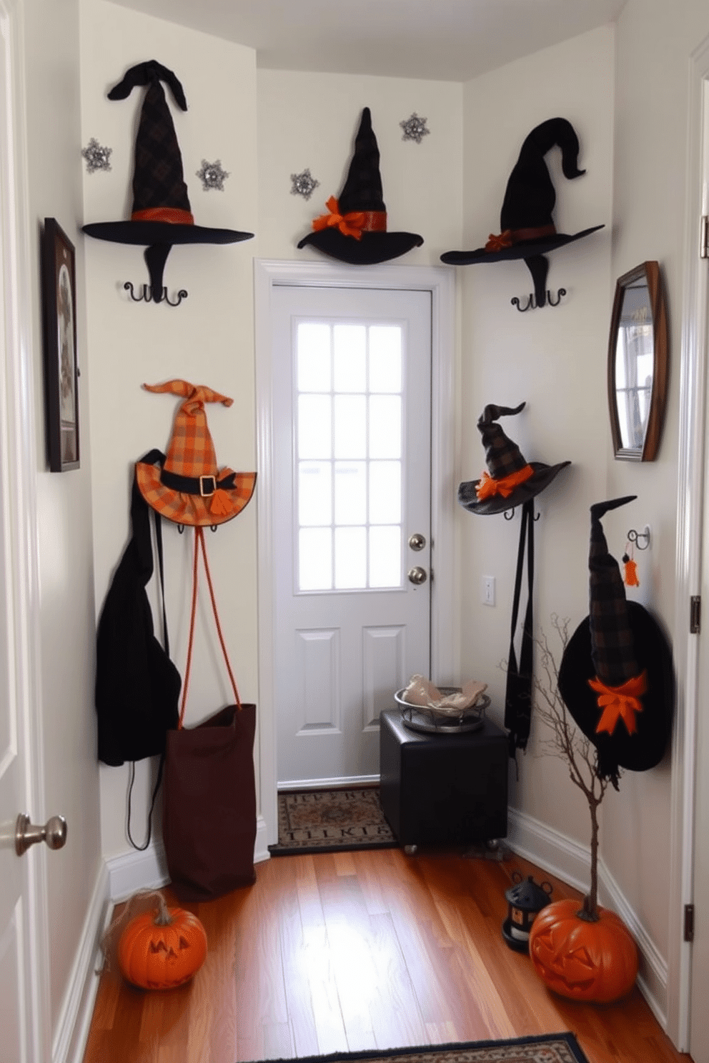 A cozy apartment entryway decorated for Halloween. The walls feature wall hooks adorned with whimsical witch hats in various colors and styles.