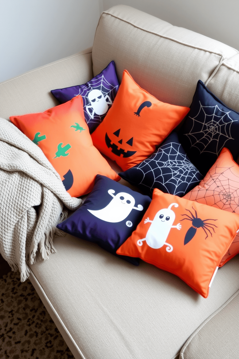 Mismatched Halloween-themed throw pillows in various shapes and sizes are scattered across a cozy sofa. Each pillow features unique designs such as pumpkins, ghosts, and spider webs, adding a playful touch to the living space. The vibrant colors of orange, black, and purple create a festive atmosphere, perfect for the Halloween season. A textured blanket drapes over the arm of the sofa, inviting guests to snuggle up and enjoy the spooky decor.