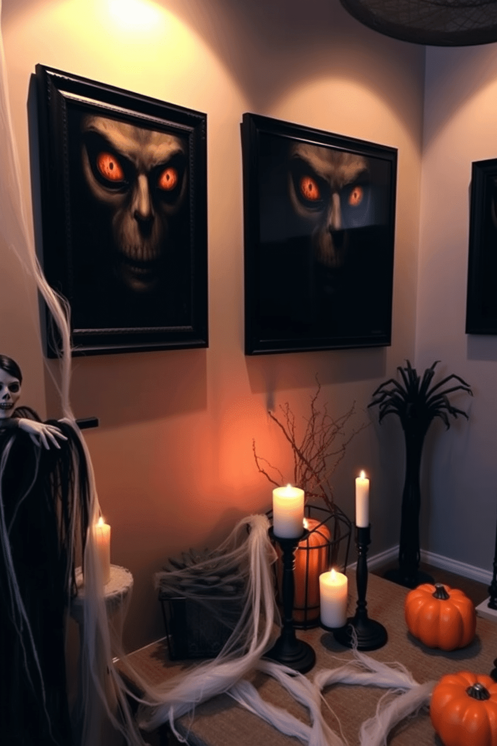 Eerie portraits with spooky eyes hang on the walls, creating an unsettling yet intriguing atmosphere. The dim lighting casts shadows that enhance the haunting expressions of the artwork. For Halloween apartment decorating ideas, a mix of black and orange accents can transform the space into a festive haven. Cobwebs drape from the corners, while flickering candles add a touch of warmth to the eerie ambiance.