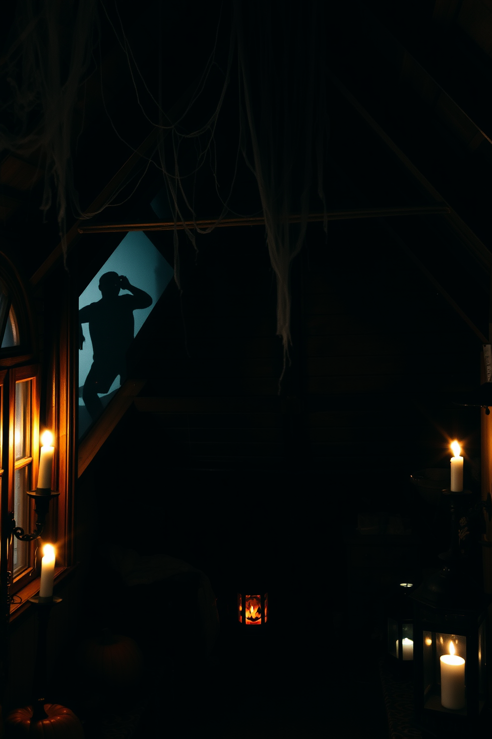 Spooky ghost silhouettes are visible in the dusty attic windows, casting eerie shadows against the wooden beams. The atmosphere is enhanced by cobwebs draping from the ceiling and flickering candlelight illuminating the scene. The attic is decorated with classic Halloween elements, including carved pumpkins and vintage lanterns. Dark, moody colors dominate the space, creating a haunting yet inviting ambiance for the season.