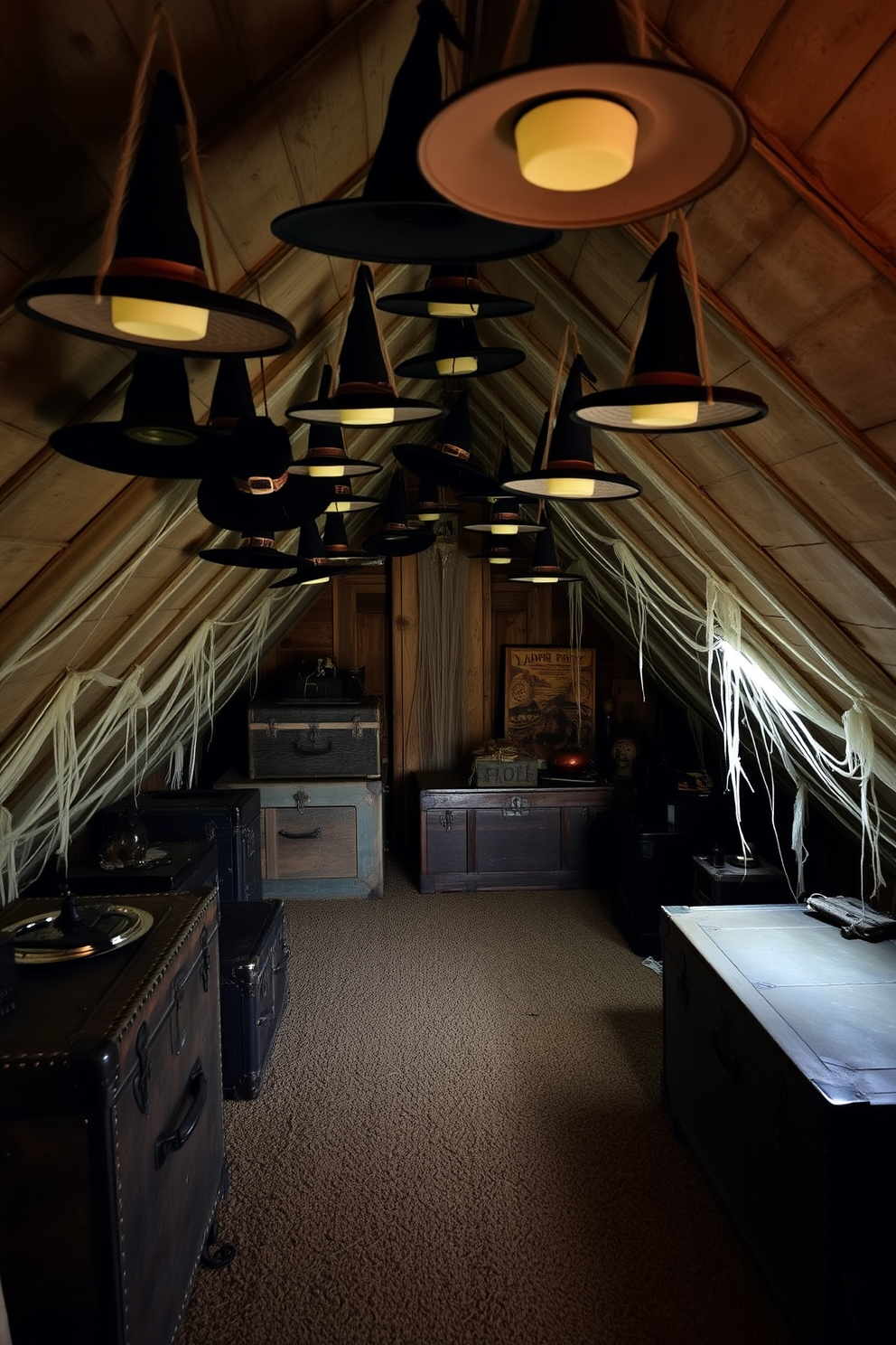 A whimsical Halloween attic adorned with witch hats hanging from the ceiling creates an enchanting atmosphere. The walls are lined with vintage trunks and cobwebs, while soft, dim lighting casts playful shadows throughout the space.