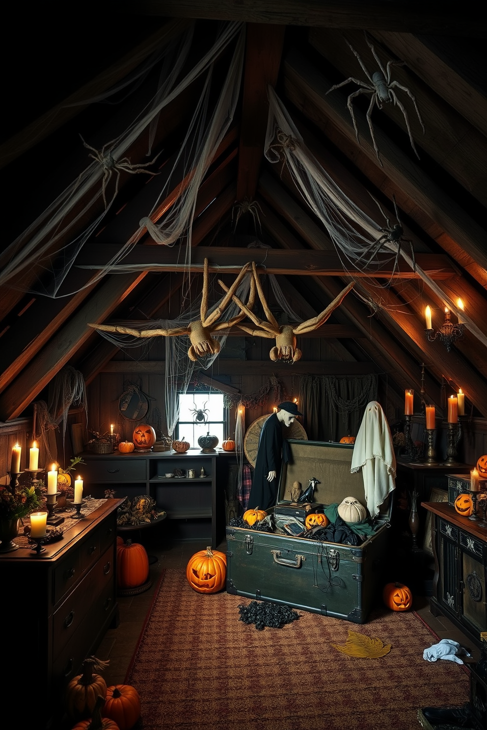 A spooky attic setting filled with Halloween decorations. Giant spiders crawl across the dark wooden beams, adding an eerie touch to the space. Cobwebs drape from the ceiling, and jack-o'-lanterns are scattered throughout. A vintage trunk is filled with old costumes, and flickering candles cast ghostly shadows on the walls.