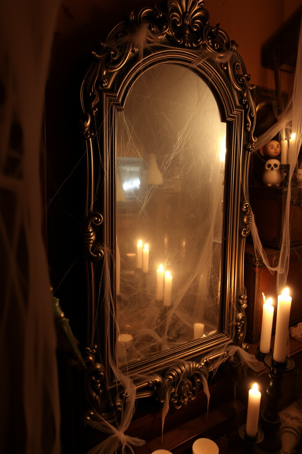 A haunted mirror reflecting ghostly images. The ornate frame of the mirror is covered in cobwebs, and the glass shows faint silhouettes of spectral figures. Halloween attic decorating ideas. The space is filled with vintage trunks, dusty cobwebs, and flickering candlelight, creating an eerie yet inviting atmosphere.