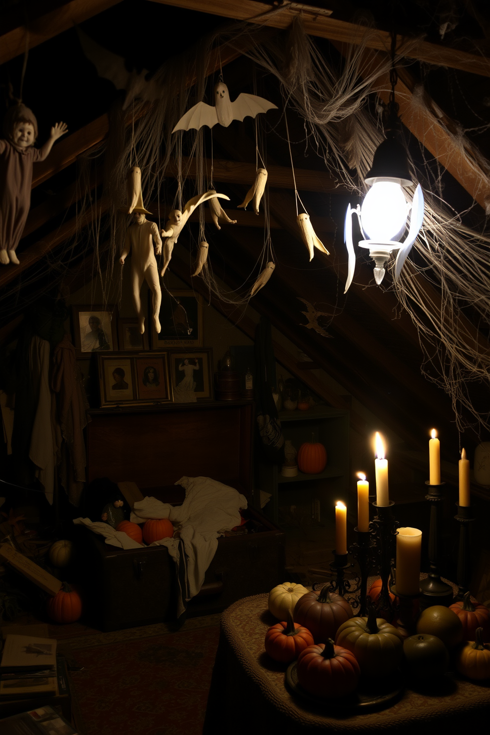 A dimly lit attic filled with vintage decorations and cobwebs. An old trunk sits in the corner, overflowing with tattered costumes and spooky props. Hanging from the rafters are paper bats and ghostly figures swaying gently. A flickering candle illuminates a table adorned with pumpkins and eerie candles.