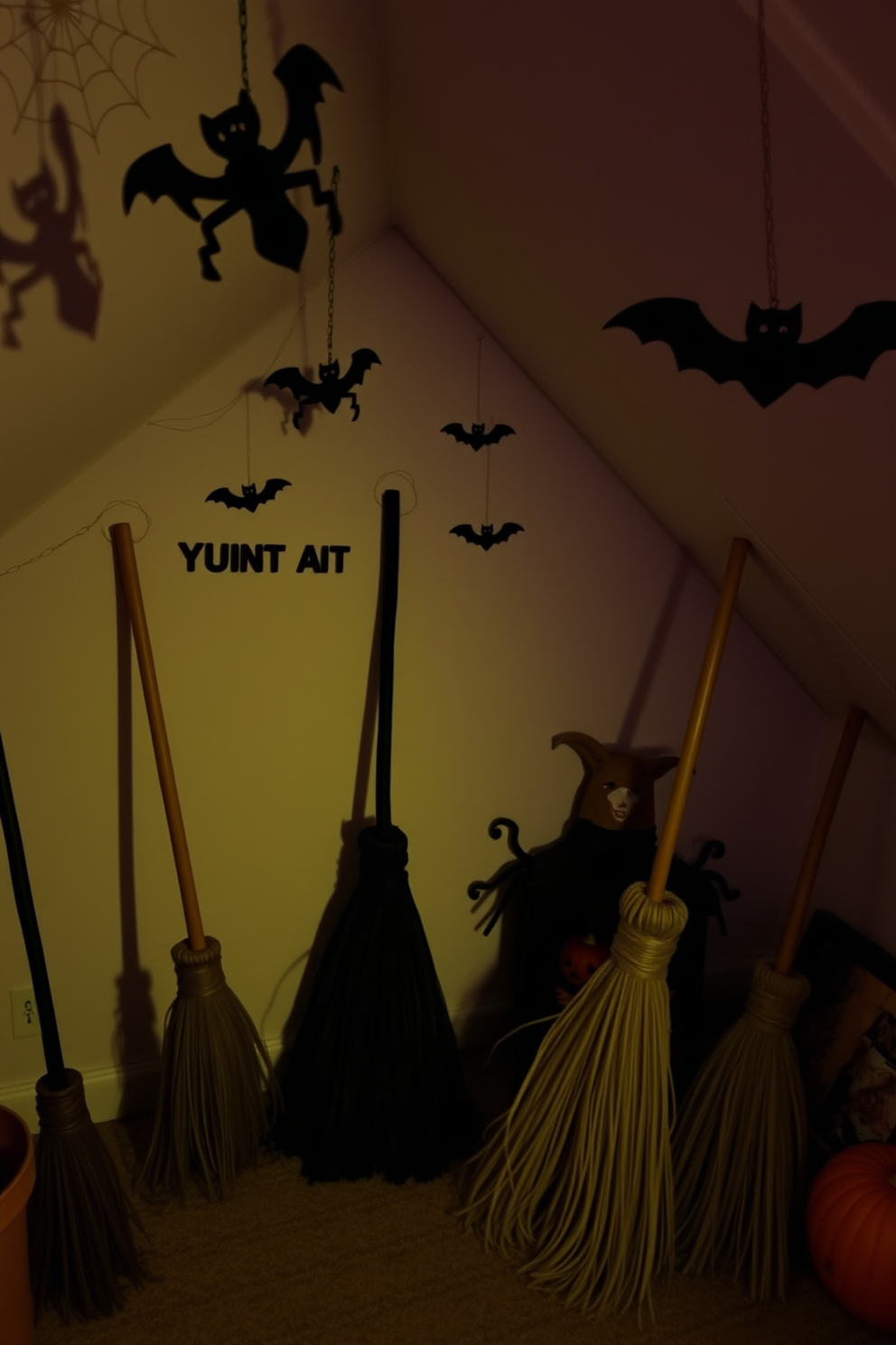 A cozy attic space decorated for Halloween. Decorative broomsticks are propped in corners, adding an enchanting touch to the atmosphere. The walls are adorned with whimsical spiderwebs and hanging bats. Soft, ambient lighting casts playful shadows, creating a spooky yet inviting vibe.