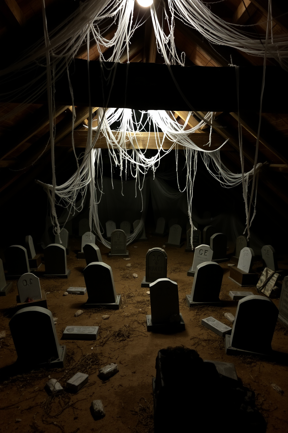 A spooky attic setting filled with faux gravestones scattered across the floor. Cobwebs drape from the rafters and dim lighting casts eerie shadows on the walls.