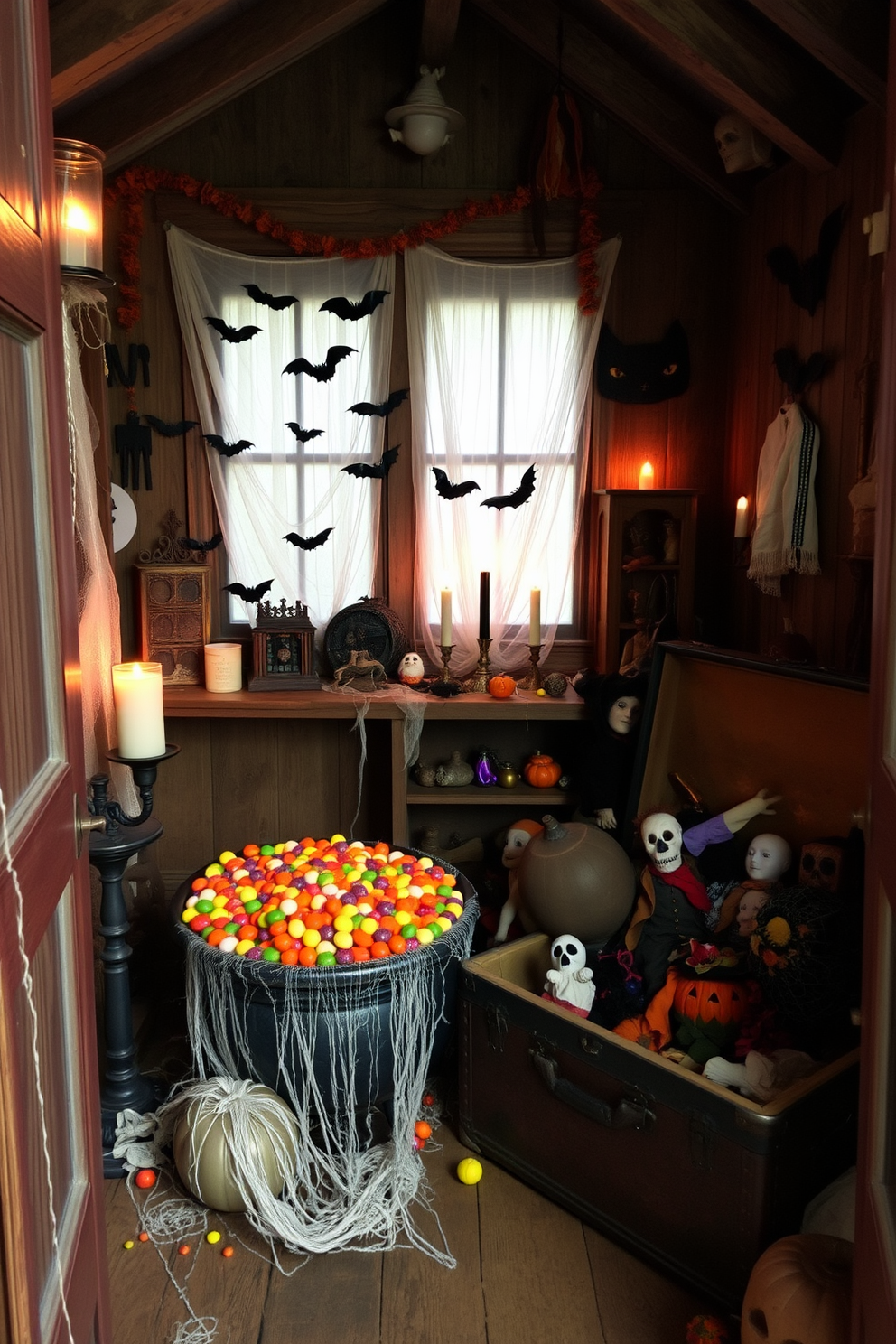 A whimsical Halloween attic filled with spooky decorations. In one corner, a large cauldron overflows with colorful candy treats, surrounded by cobwebs and flickering candles. The walls are adorned with hanging bats and ghostly garlands. A dusty old trunk sits nearby, filled with vintage costumes and eerie props, creating a festive yet haunting atmosphere.