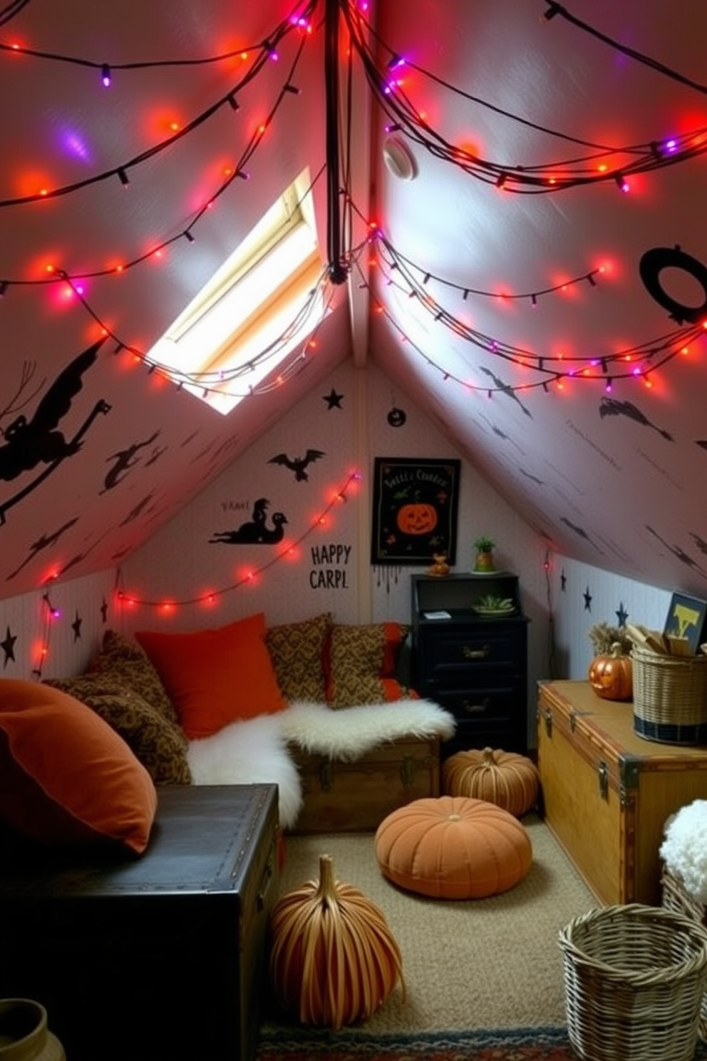 A whimsical attic space adorned with strands of orange and purple lights creates a festive atmosphere. The walls are decorated with spooky silhouettes and playful Halloween-themed artwork, enhancing the seasonal charm. A cozy seating area features plush cushions in autumn colors, inviting guests to relax. Vintage trunks and baskets are used for storage, adding character to the eclectic decor.