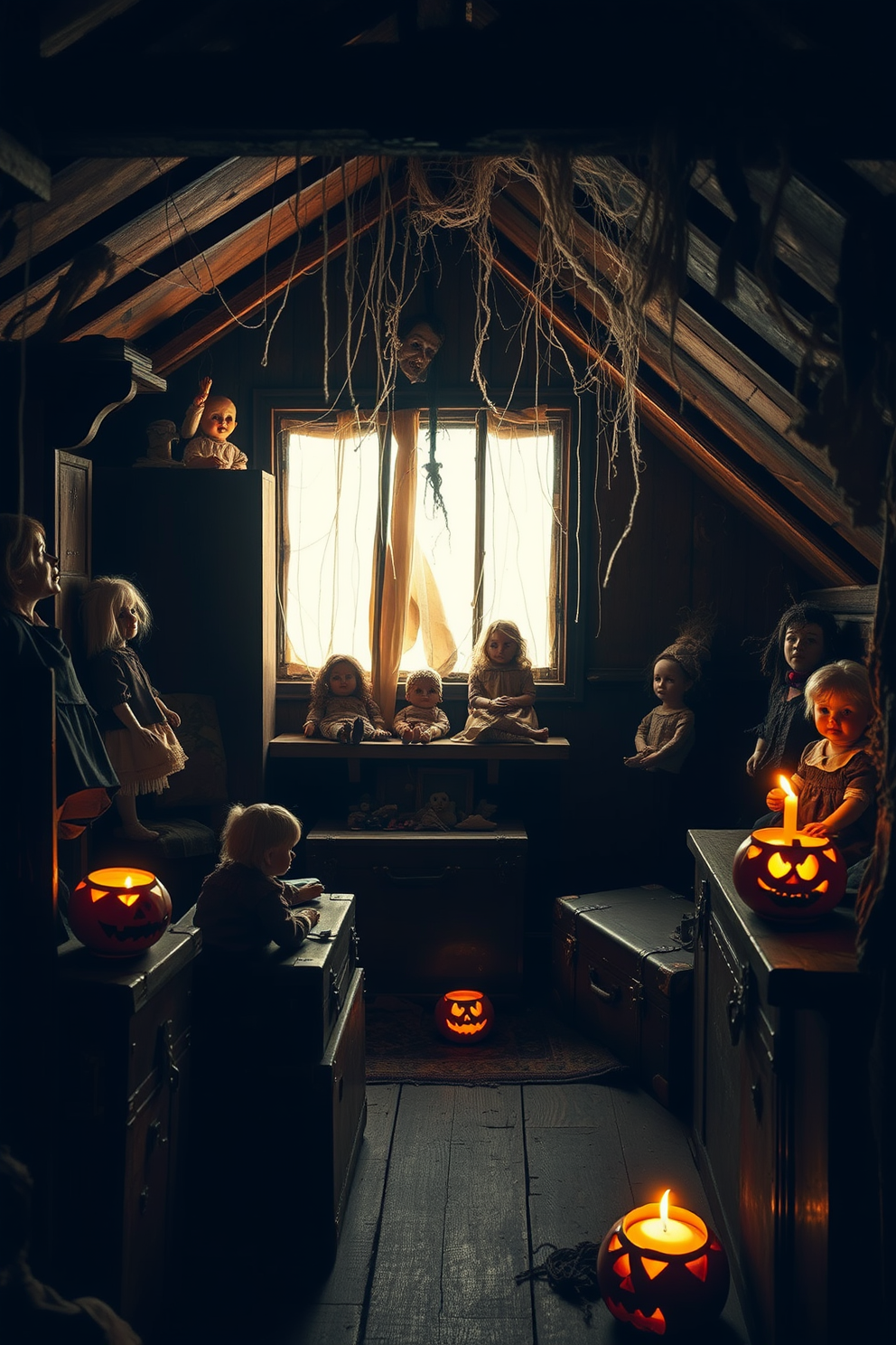 A dimly lit attic filled with eerie ambiance. Creepy dolls with cracked porcelain faces and tattered clothing are arranged on dusty wooden shelves, casting unsettling shadows on the walls. Cobwebs drape from the ceiling, and old trunks are scattered around, adding to the haunting atmosphere. Flickering candles in carved pumpkin holders illuminate the space, creating a spine-chilling Halloween setting.