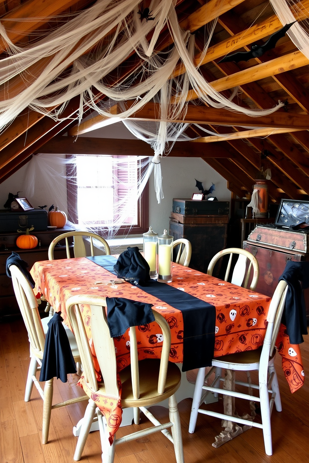 A Halloween-themed table is adorned with a spooky tablecloth featuring orange and black colors along with ghost and pumpkin patterns. Surrounding the table are mismatched chairs, each draped with a small black cape to add a festive touch. The attic is transformed into a haunted space with cobwebs hanging from the rafters and eerie lighting casting shadows. Vintage trunks and old furniture are decorated with faux spiders and bats, creating an atmospheric Halloween retreat.