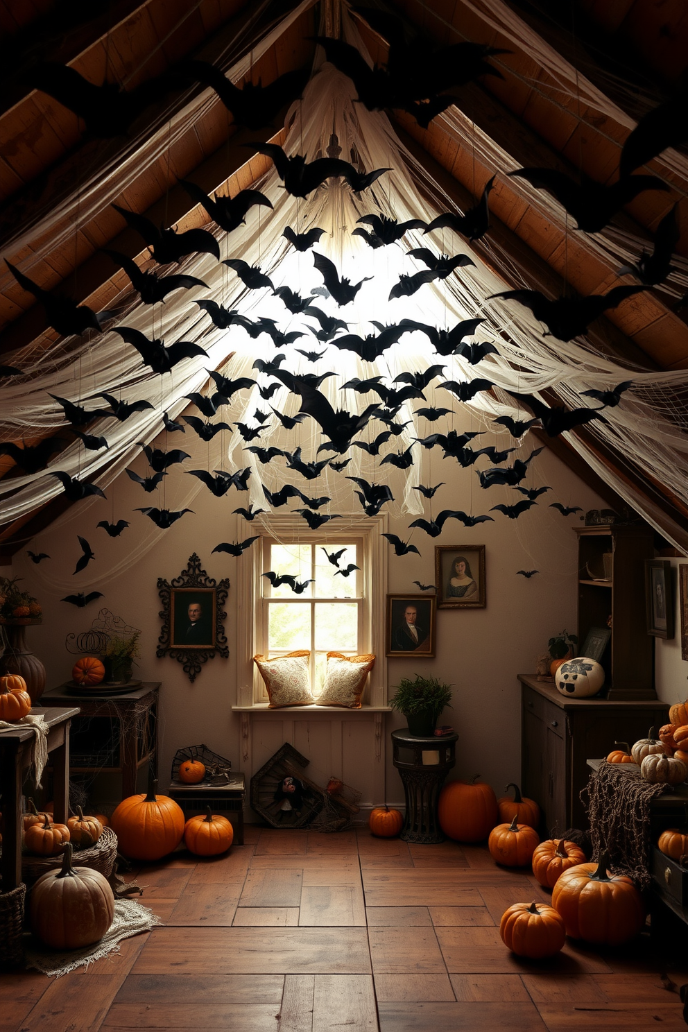 A whimsical Halloween attic filled with hanging bats from the ceiling rafters creates a spooky atmosphere. The walls are adorned with vintage cobwebs and eerie portraits, while scattered pumpkins add a festive touch to the wooden floor.