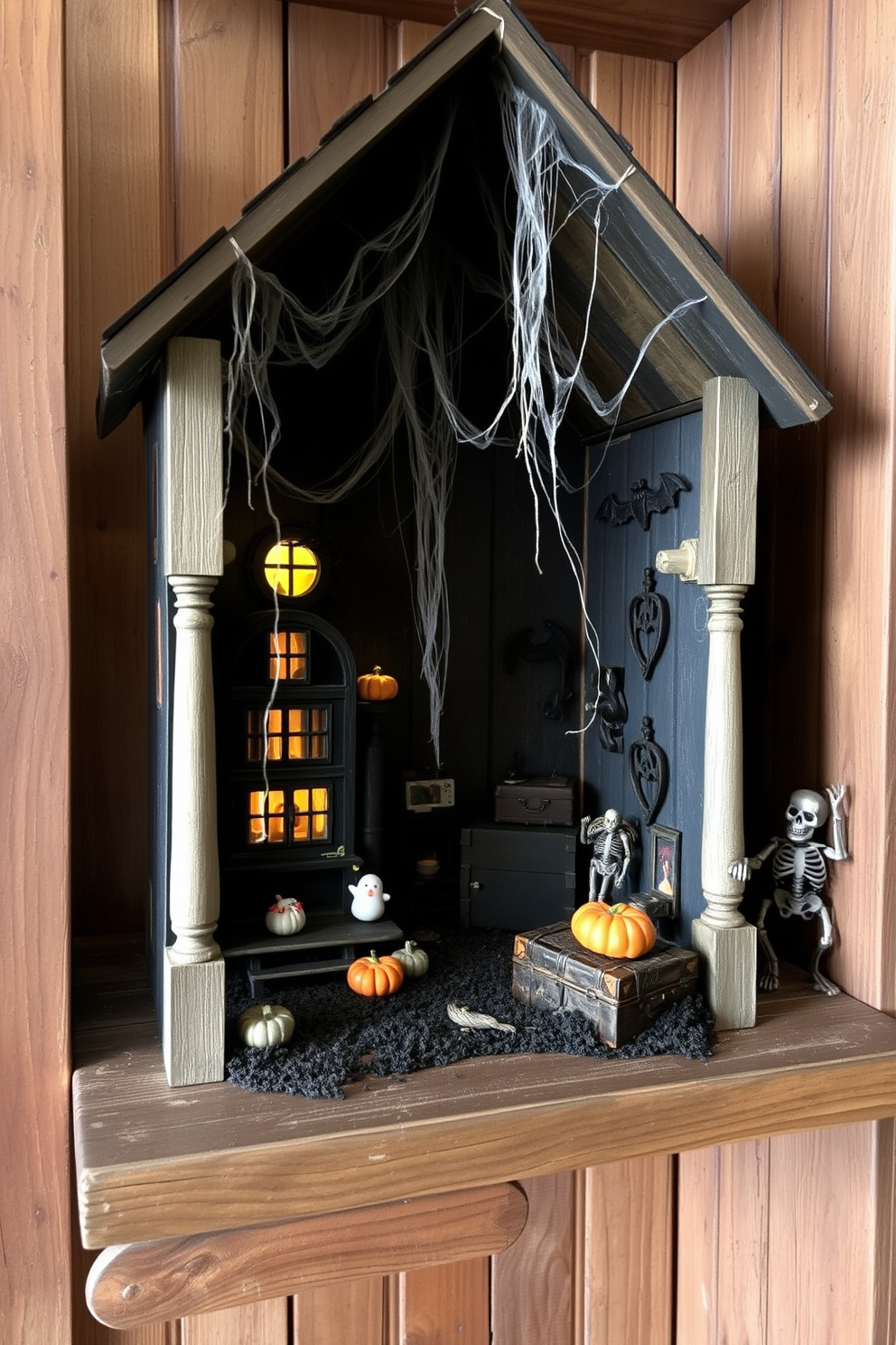 A miniature haunted house display sits on a rustic wooden shelf. The house features intricate details like tiny ghosts and pumpkins, with dim lighting creating an eerie atmosphere. In the attic, cobwebs drape from the beams, and vintage trunks are scattered around. Spooky decorations like skeletons and bats add to the Halloween spirit, making it a perfect festive retreat.