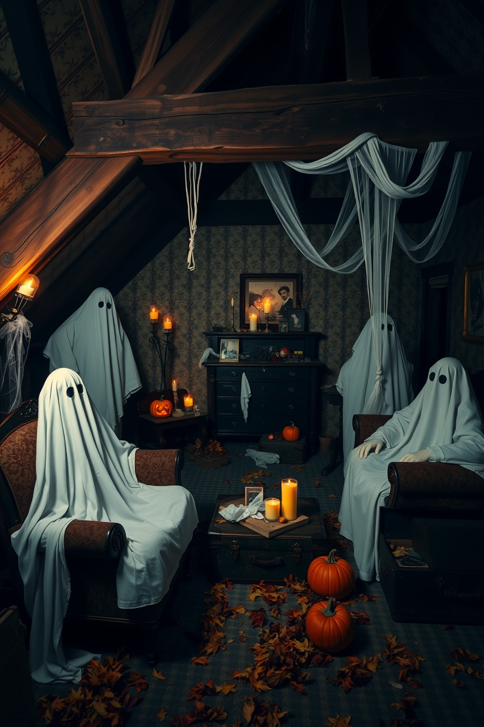 A spooky attic setting filled with vintage furniture covered in white sheets that resemble ghostly figures. Dim lighting casts eerie shadows, enhancing the haunting atmosphere with cobwebs in the corners and autumn leaves scattered on the floor. Decorations include carved pumpkins and flickering candles nestled among dusty trunks and old photographs. The walls are adorned with faded wallpaper, and a large, creaky wooden beam runs across the ceiling, adding to the mysterious charm of the space.