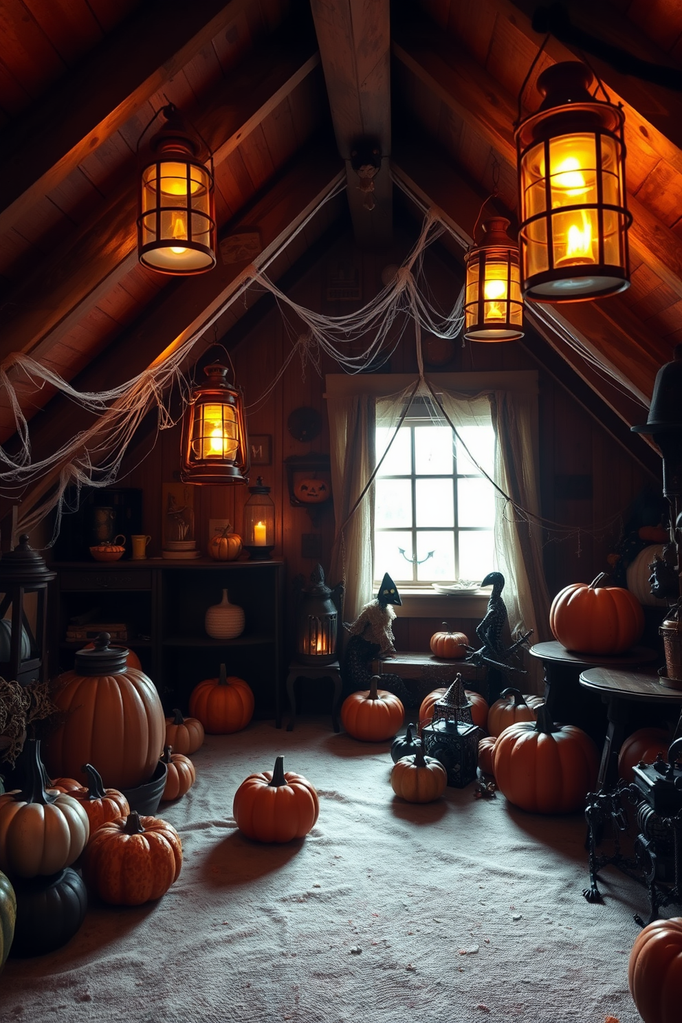 A cozy attic space adorned with rusty old lanterns that cast a warm glow, enhancing the vintage charm of the room. The walls are lined with wooden beams, and the floor is covered with a soft, worn rug that adds to the nostalgic atmosphere. For Halloween, the attic is decorated with cobwebs and spooky accents, creating an eerie yet inviting ambiance. Pumpkins of various sizes are scattered throughout, alongside whimsical decorations that evoke the spirit of the holiday.