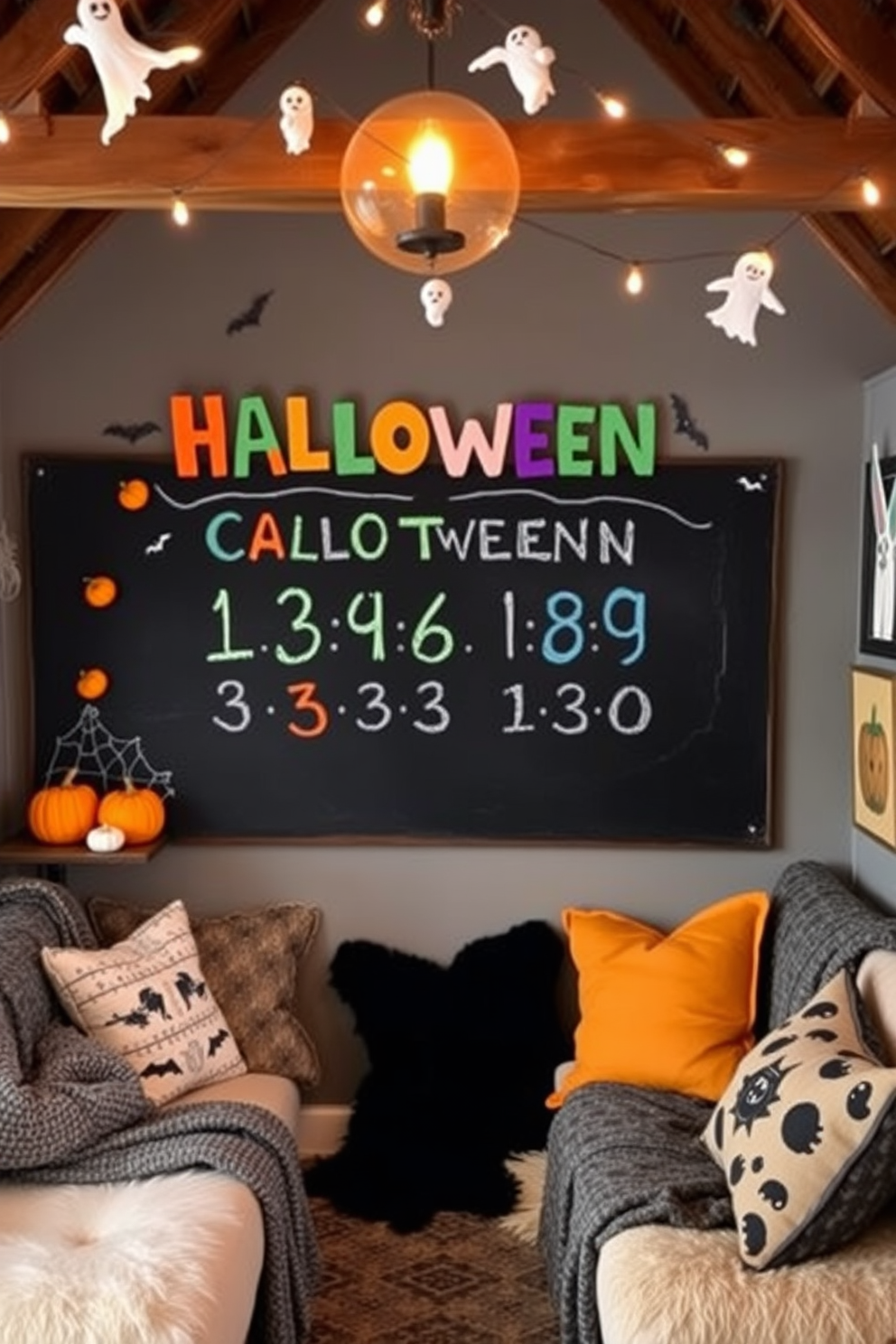 A large chalkboard is mounted on the wall, featuring a colorful Halloween countdown written in playful, whimsical letters. Surrounding the chalkboard, there are decorative elements like mini pumpkins, bats, and cobwebs to enhance the festive atmosphere. In the attic, cozy seating is arranged with plush cushions and throw blankets, creating a perfect reading nook. The space is adorned with spooky decorations such as hanging ghosts, string lights, and vintage Halloween-themed artwork.