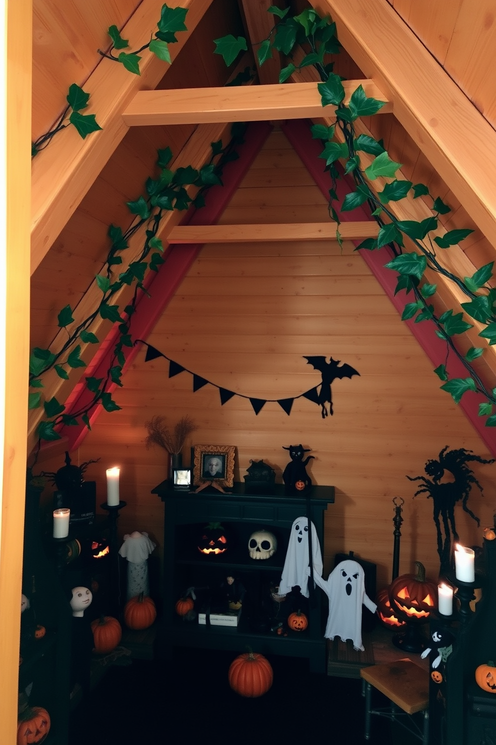 A cozy attic space decorated for Halloween. Faux ivy vines elegantly wrap around the exposed wooden beams, enhancing the rustic charm of the room. Spooky decorations are scattered throughout, including carved pumpkins and ghostly figures. Soft, warm lighting casts playful shadows, creating an inviting yet eerie atmosphere.