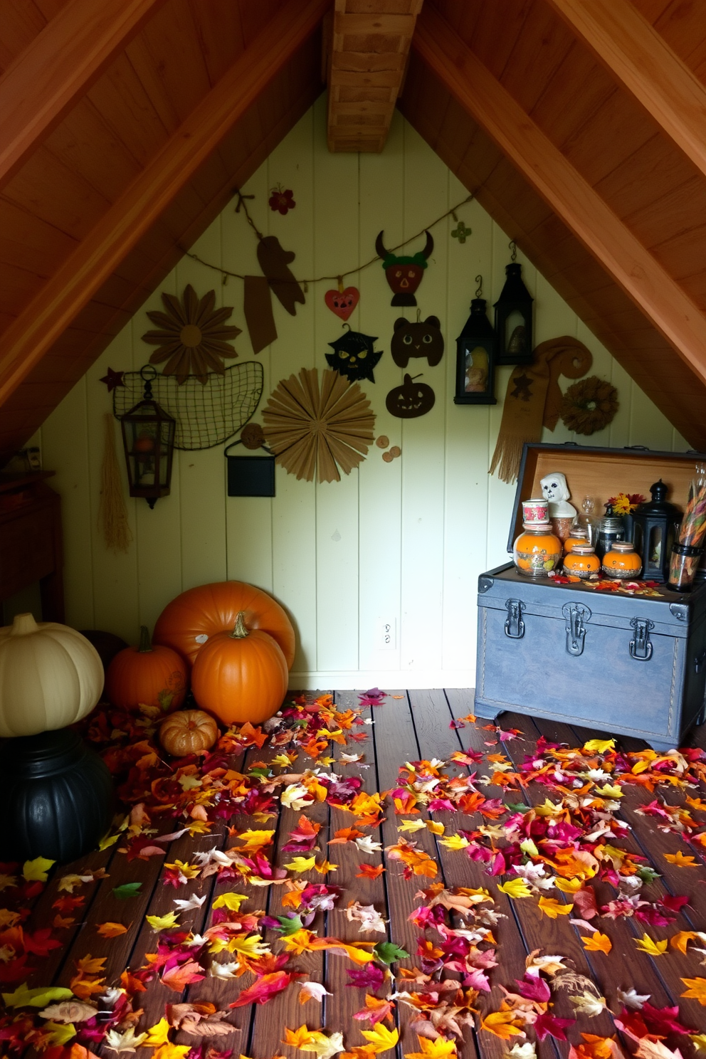 A cozy attic space decorated for Halloween. Colorful fall leaves are scattered on the wooden floor, creating a warm and inviting atmosphere. Rustic decorations adorn the walls, including handmade crafts and spooky lanterns. A vintage trunk is placed in the corner, filled with seasonal treats and festive decor.