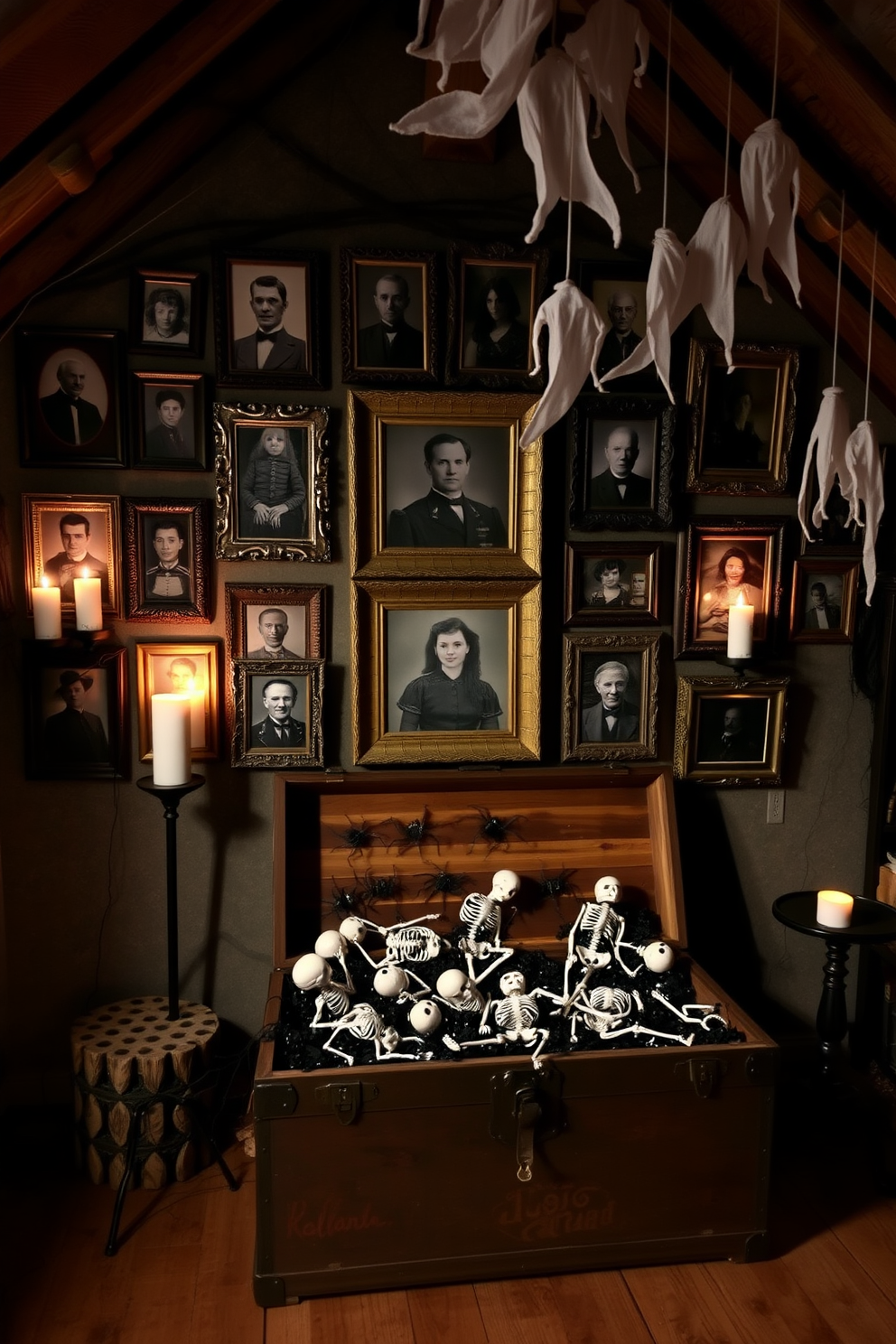 A spooky photo gallery wall filled with vintage black and white portraits in ornate frames. The wall is adorned with cobwebs and flickering candles, creating an eerie atmosphere. Halloween attic decorating ideas featuring a rustic wooden trunk overflowing with fake spiders and skeletons. Dim lighting casts shadows on the walls, while hanging ghost decorations sway gently from the ceiling.