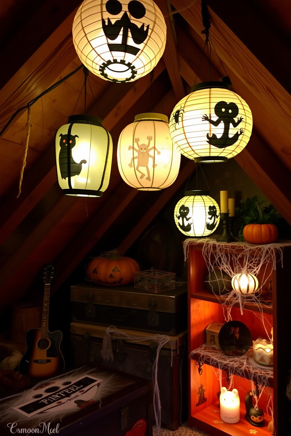 A cozy attic space decorated for Halloween features hanging paper lanterns with spooky designs. The lanterns cast a warm glow, illuminating vintage trunks and cobweb-covered shelves filled with seasonal decor.