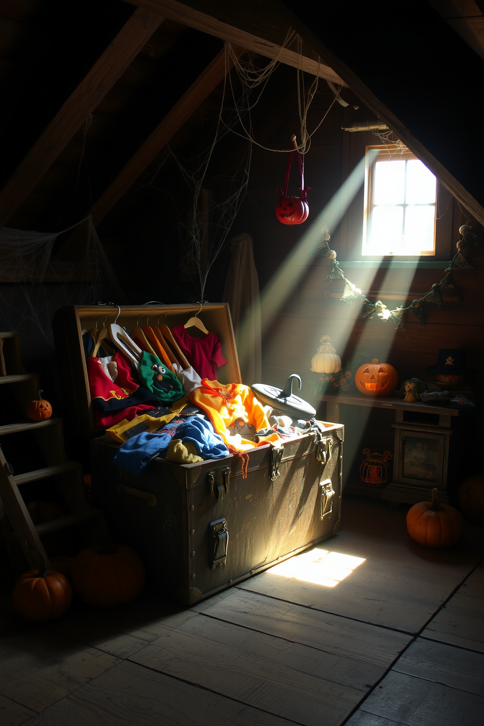 An old trunk is placed in the corner of a dimly lit attic, overflowing with colorful costumes and vintage accessories. Dusty beams of light filter through the small window, illuminating cobwebs that add a touch of eerie charm to the space. Surrounding the trunk are various Halloween decorations, including carved pumpkins and spooky garlands. The wooden floor creaks underfoot, enhancing the nostalgic atmosphere of this whimsical Halloween haven.