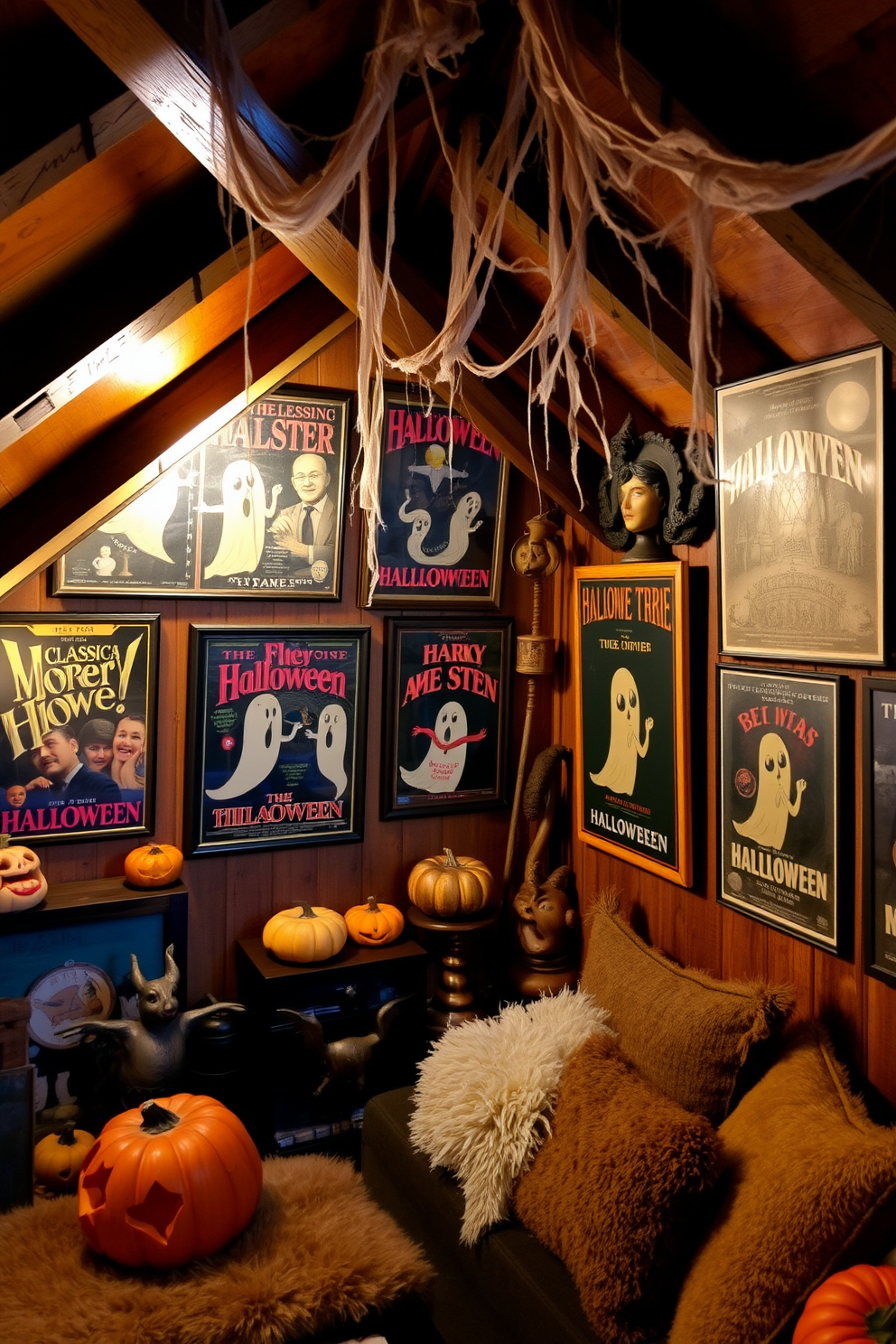 A cozy attic space adorned with vintage Halloween posters showcasing classic horror films and whimsical ghosts. Soft, warm lighting illuminates the room, highlighting the rustic wooden beams and creating a nostalgic atmosphere. Decorative elements include a collection of antique Halloween decorations, such as carved pumpkins and cobwebs draping from the ceiling. A comfortable seating area with plush cushions invites guests to relax and enjoy the festive ambiance.