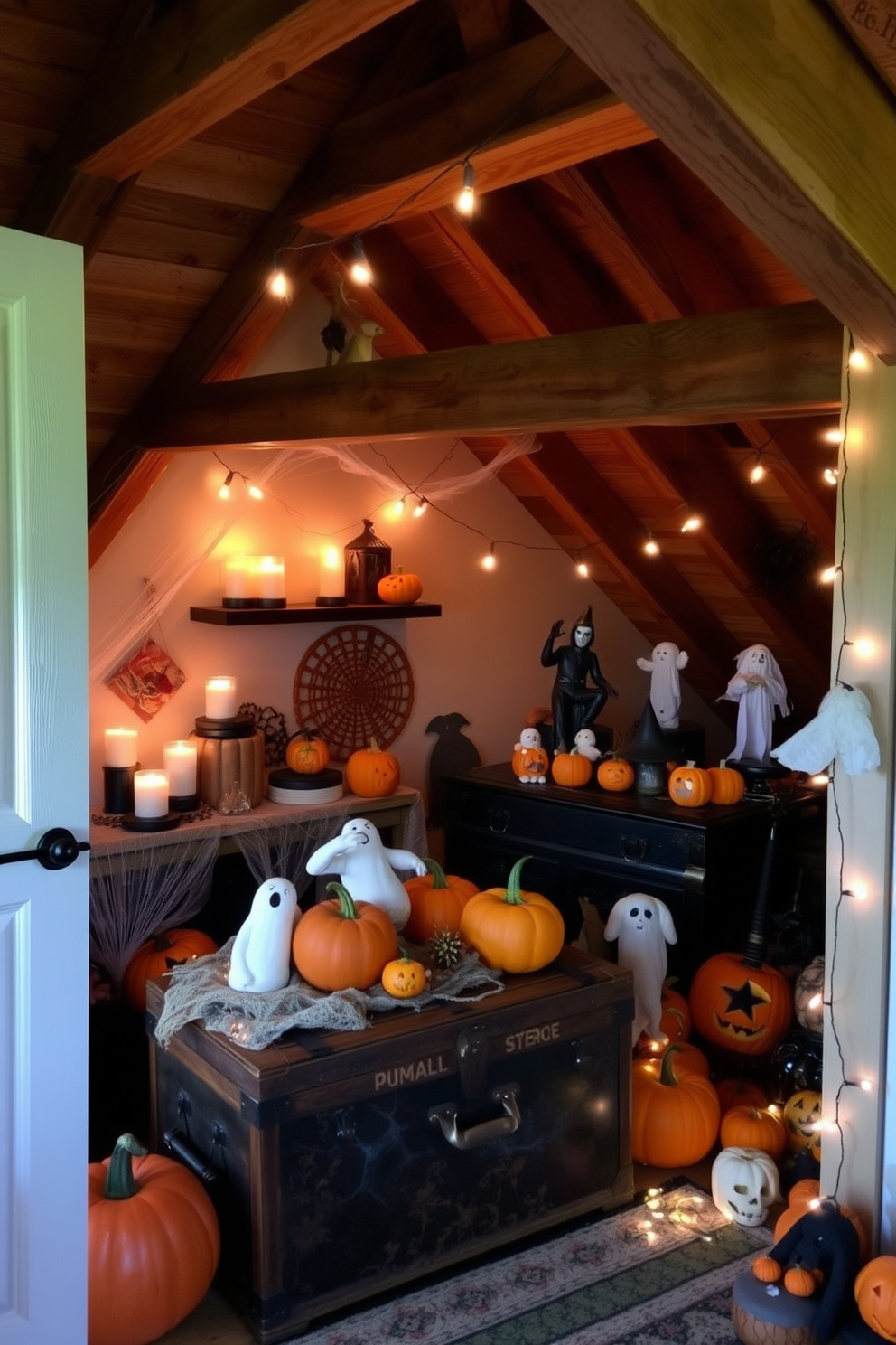 A cozy attic space adorned with seasonal scents of pumpkin spice candles creates a warm and inviting atmosphere. The room features rustic wooden beams and soft lighting, enhancing the charm of autumn decorations. For Halloween, the attic is decorated with spooky elements such as cobwebs, carved pumpkins, and ghostly figures. A vintage trunk holds various themed decorations, while a string of fairy lights adds a whimsical touch to the eerie setting.