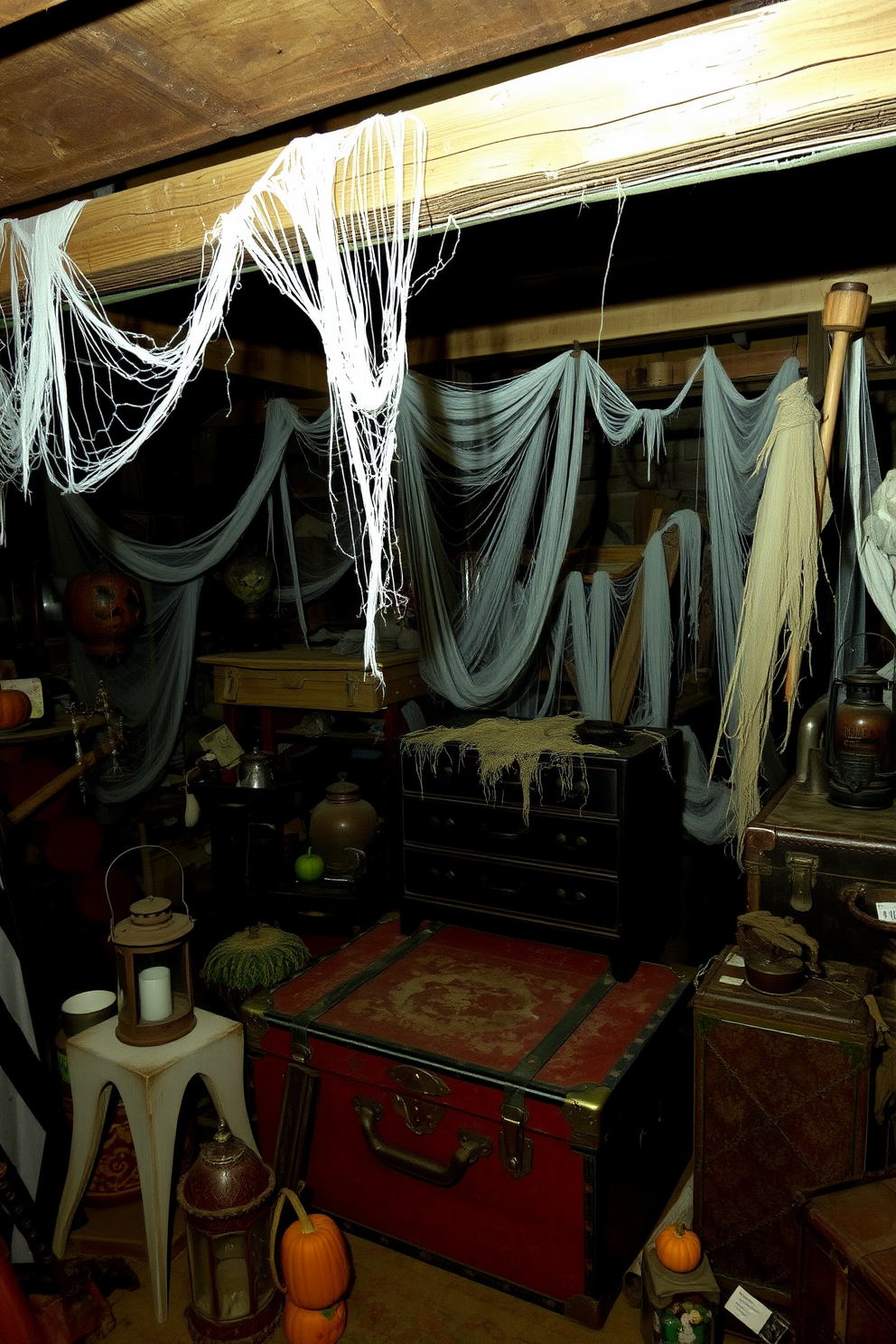 A spooky attic filled with eerie cobwebs draped across old furniture creates an unsettling atmosphere. Shadows loom in the corners, and the dim lighting enhances the haunting feel of the space. An assortment of Halloween decorations, including vintage lanterns and tattered fabric, adds to the chilling ambiance. Dusty trunks and forgotten relics contribute to the overall sense of mystery and nostalgia.