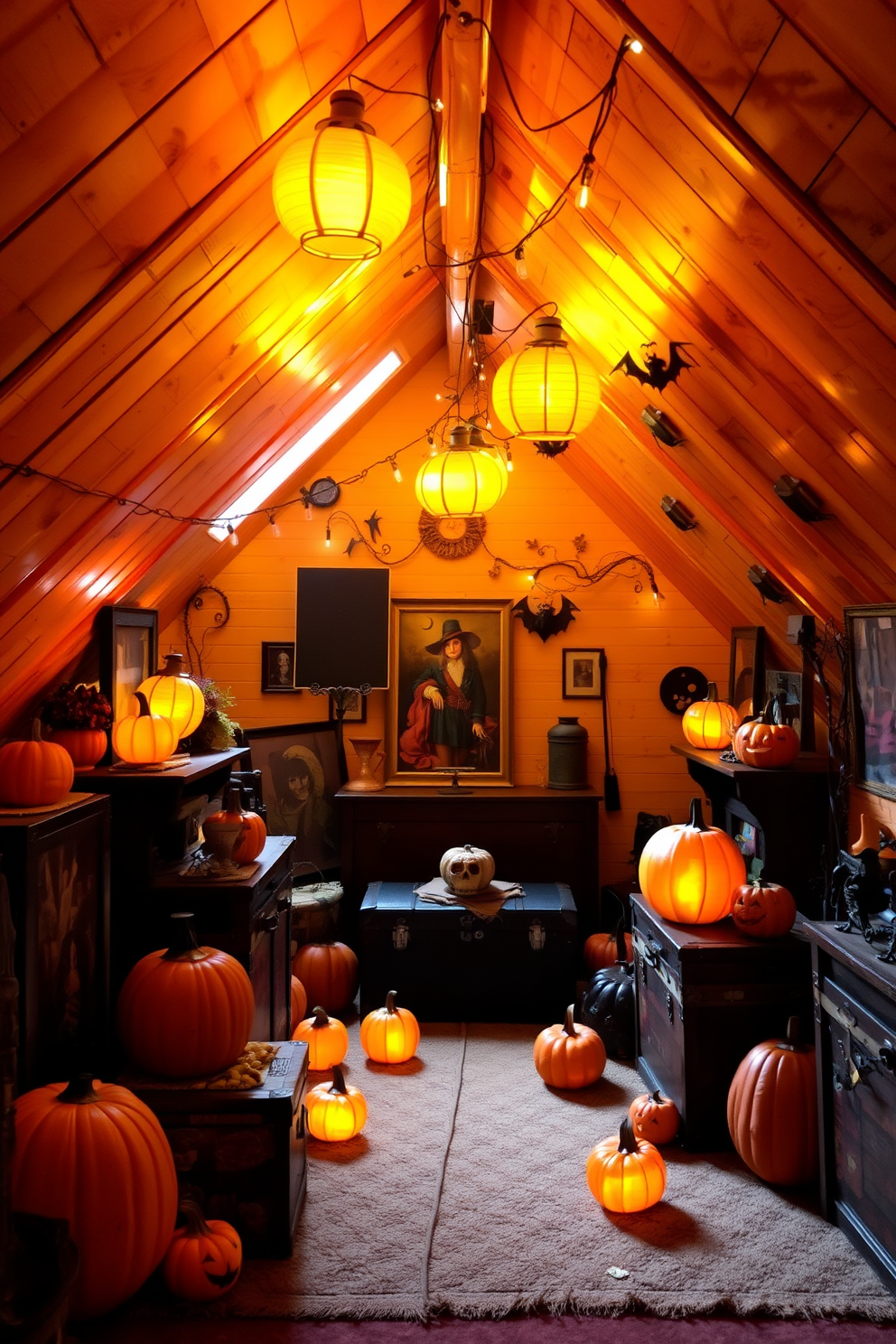 A cozy attic space adorned with whimsical Halloween decorations. Pumpkin lanterns cast a warm glow throughout the room, creating an inviting atmosphere. The walls are lined with vintage trunks and spooky artwork. String lights twinkle above, enhancing the festive spirit of the Halloween celebration.