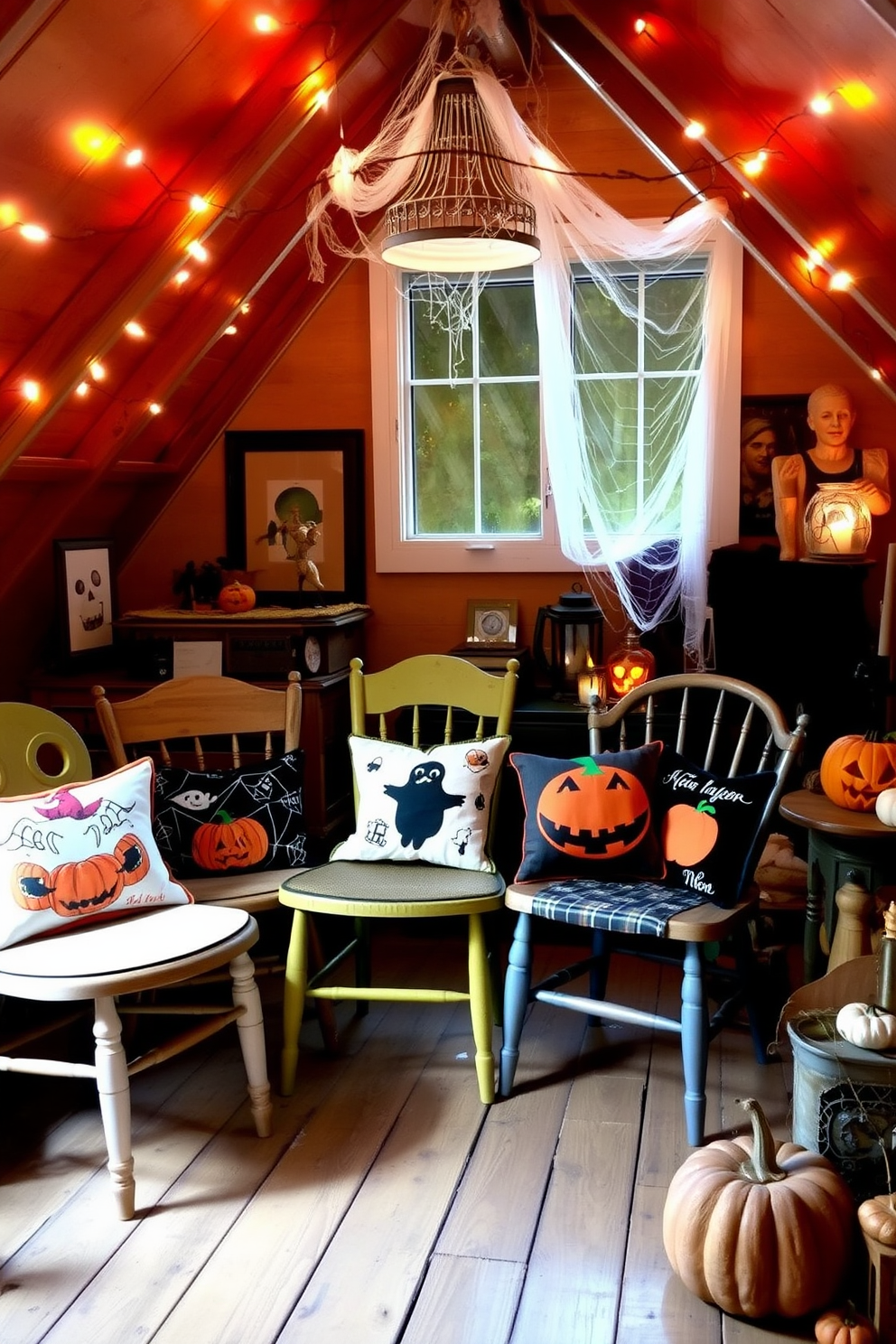 Mismatched chairs with Halloween-themed cushions create a playful and eclectic seating arrangement. The cushions feature various spooky designs like pumpkins, ghosts, and cobwebs, adding a festive touch to the space. The attic is transformed into a cozy Halloween retreat with string lights casting a warm glow. Decorate the space with vintage Halloween decorations, such as old lanterns, cobwebs, and a collection of carved pumpkins.