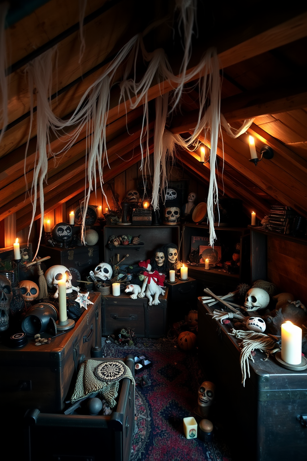 A cozy attic space filled with old trunks overflowing with spooky props. Cobwebs drape from the rafters, and flickering candles cast eerie shadows across the room.