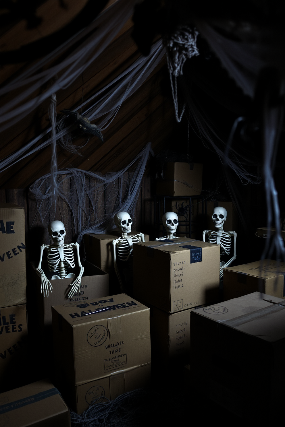 A spooky attic setting for Halloween. Skeletons are peeking out from behind old cardboard boxes, adding an eerie yet playful touch to the decor. The walls are adorned with cobwebs and hanging bats. Dim lighting enhances the haunting atmosphere, creating a perfect backdrop for Halloween festivities.