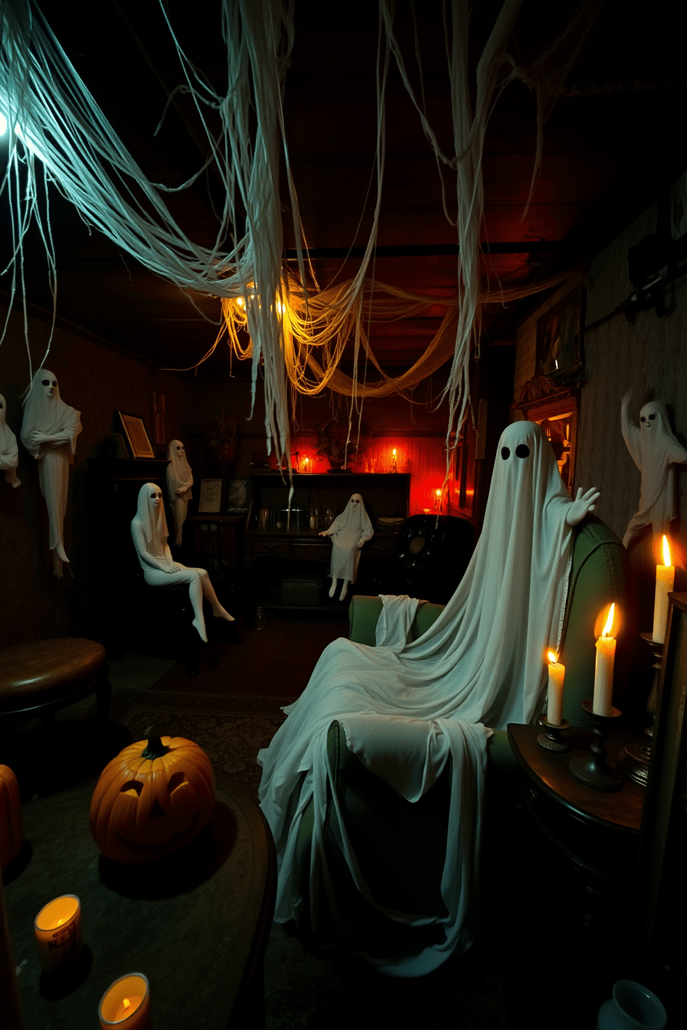 A spooky basement setting filled with eerie ambiance. Ghostly figures draped around vintage furniture create a haunting atmosphere, with dim lighting casting shadows across the room. Cobwebs hang from the ceiling, adding to the chilling effect. A pumpkin with a carved face sits on a side table, while flickering candles illuminate the space.