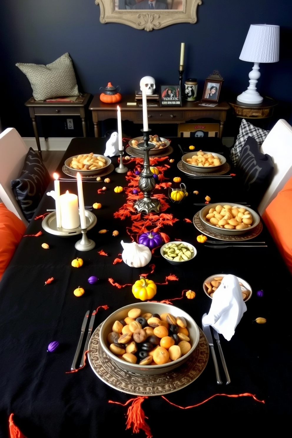 A whimsical Halloween-themed table setting features a black tablecloth adorned with orange and purple accents. Scattered across the table are miniature pumpkins, ghost-shaped candles, and a variety of spooky snacks arranged in decorative bowls. For the basement decorating ideas, envision a cozy space with soft lighting and plush seating. The walls are painted in a deep navy, and a mix of vintage and modern decor elements creates an inviting atmosphere perfect for gatherings.