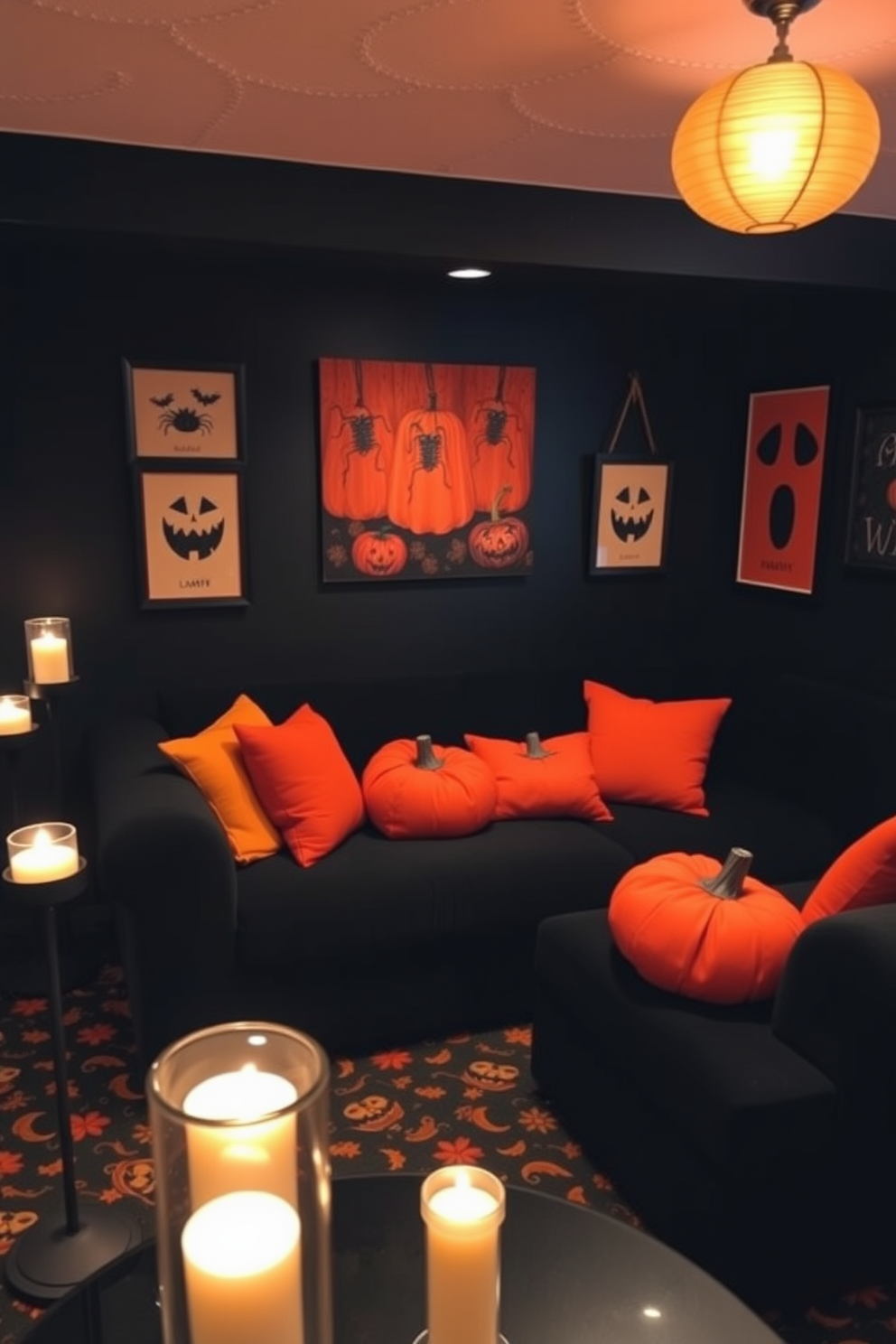 A cozy Halloween-themed basement decorated in a black and orange color scheme. The walls are painted a deep black, while vibrant orange accents are incorporated through throw pillows and artwork. A large, plush black sectional sofa is positioned in the center, surrounded by orange pumpkin-shaped cushions. Flickering LED candles in black holders create an inviting atmosphere, enhancing the festive mood.