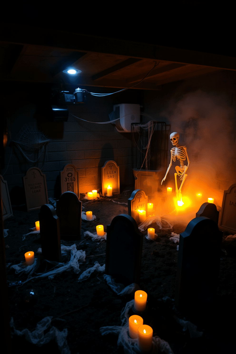 A spooky basement setting designed for Halloween. The space features a faux graveyard with weathered tombstones scattered throughout, surrounded by cobwebs and flickering LED candles. Dark, eerie lighting casts shadows on the walls, enhancing the haunted atmosphere. A skeleton figure leans against one of the tombstones, while a fog machine adds an unsettling mist to the scene.