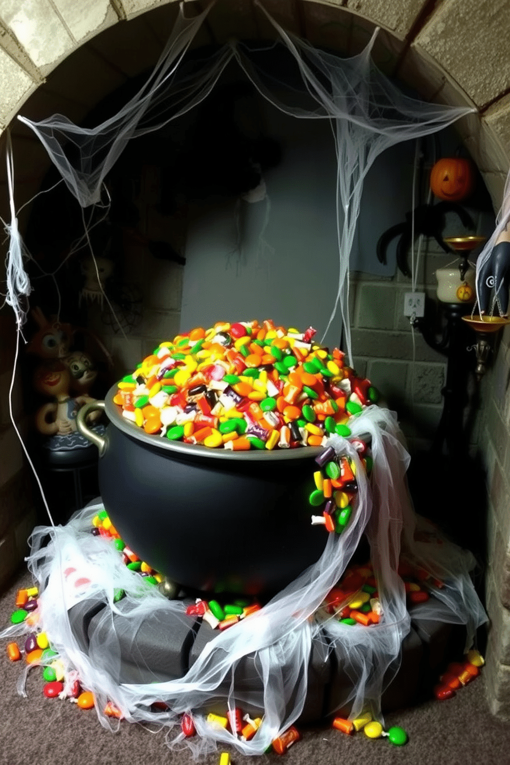 A whimsical Halloween basement setting featuring a large witch's cauldron overflowing with colorful candy. Surrounding the cauldron are cobwebs and spooky decorations, creating an enchanting atmosphere perfect for trick-or-treaters.