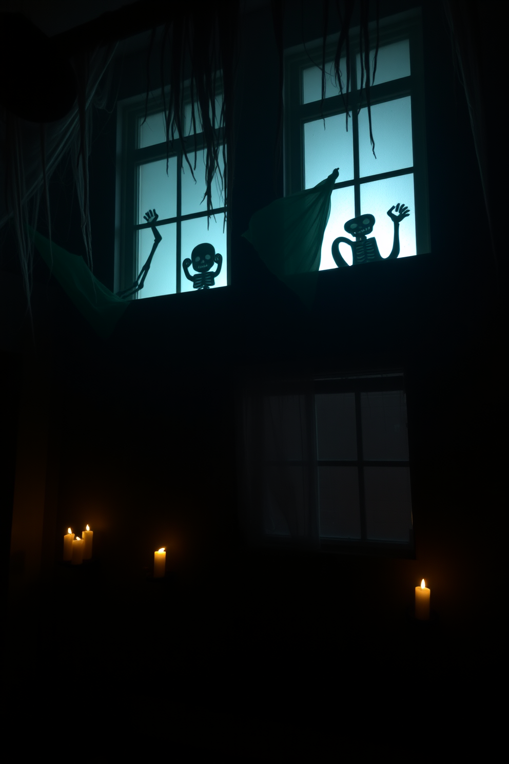 Spooky silhouettes cast eerie shadows on the windows, creating a haunting atmosphere throughout the basement. Dim lighting enhances the effect, with flickering candles adding an unsettling glow to the scene. Cobwebs drape from the ceiling, while strategically placed props like skeletons and ghosts create a chilling ambiance. The walls are painted in dark hues, and a fog machine adds an extra layer of mystery to the space.