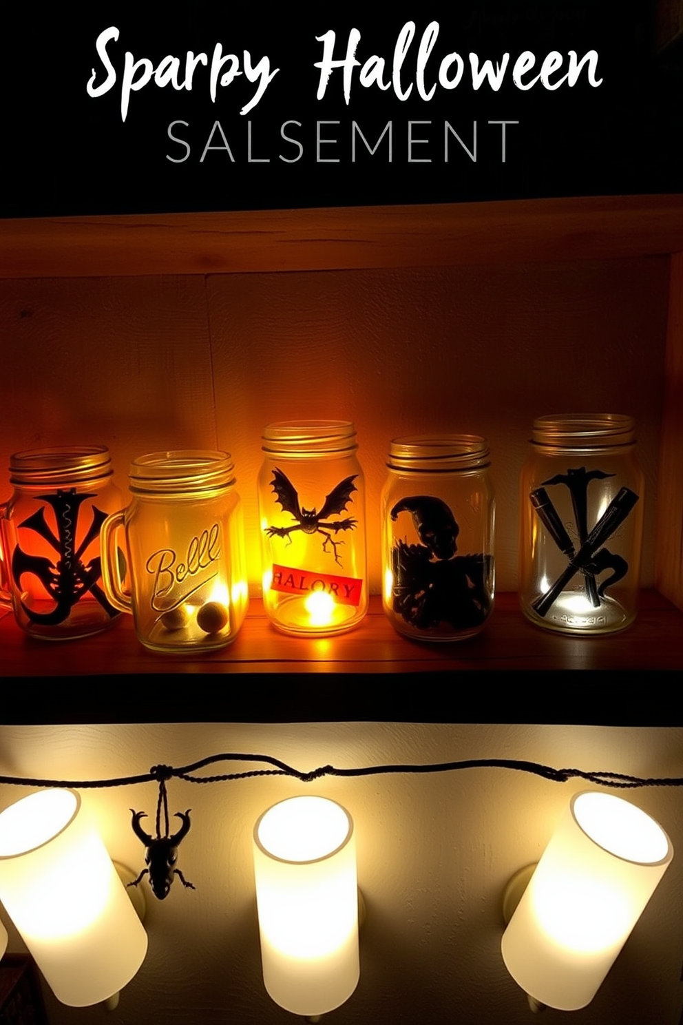 Create a spooky Halloween basement setting featuring mason jars filled with creepy items. Arrange the jars on a rustic wooden shelf, with dim lighting casting eerie shadows across the room.