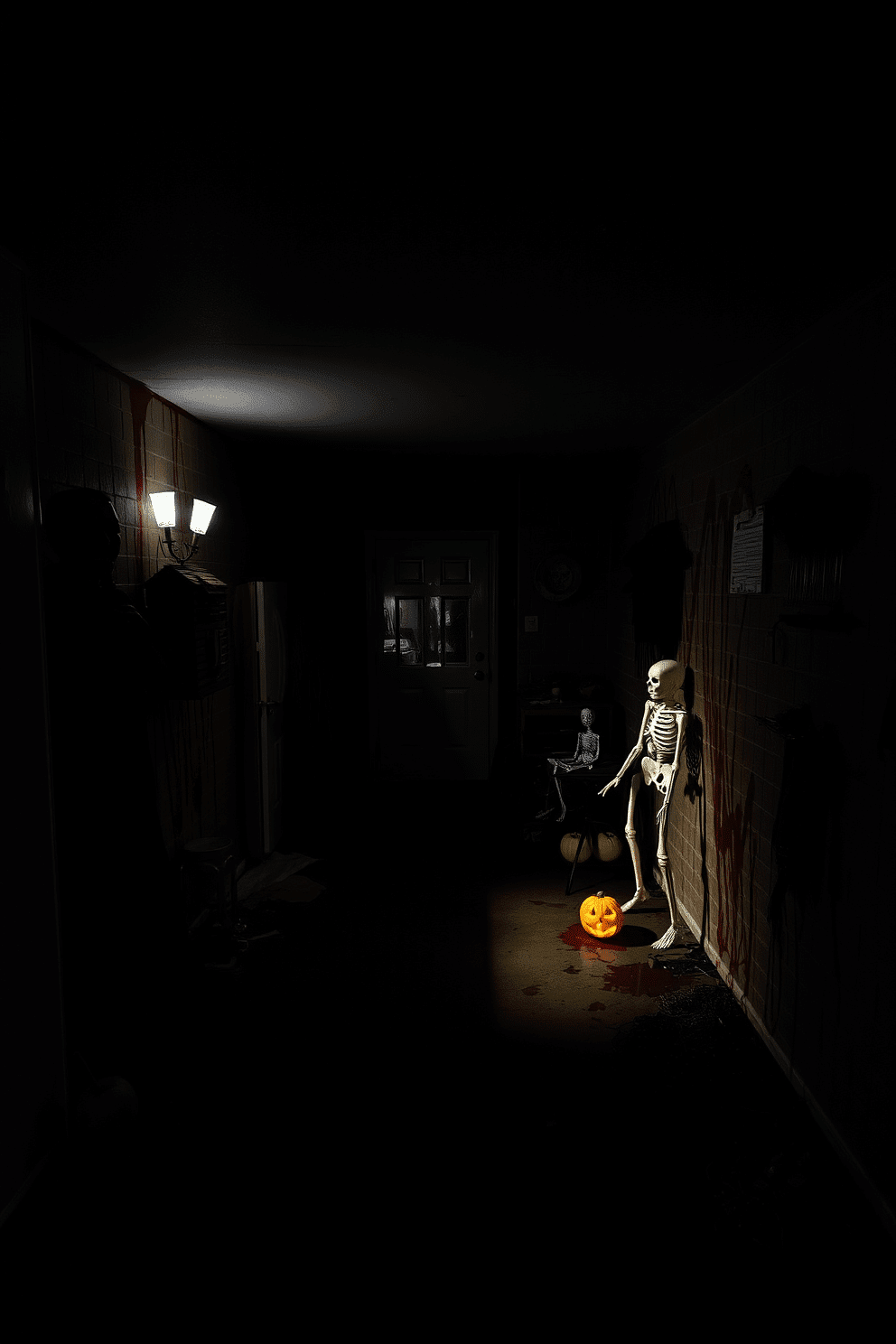 A dark and eerie basement setting for Halloween. The walls are splattered with faux blood, creating a chilling atmosphere that sets the tone for the season. Dim lighting casts shadows across the room, enhancing the spooky vibe. Various Halloween decorations, such as cobwebs and skeletons, are strategically placed to complete the haunting effect.