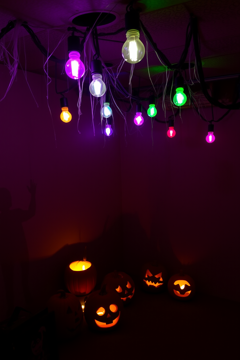 Eerie lighting fills the basement space, casting shadows that dance across the walls. Colored bulbs in shades of purple and green hang from the ceiling, creating an atmospheric glow that enhances the Halloween theme. Cobwebs drape from the corners, and spooky silhouettes are projected onto the walls. A collection of carved pumpkins sits in one corner, their flickering candlelight adding to the haunting ambiance.